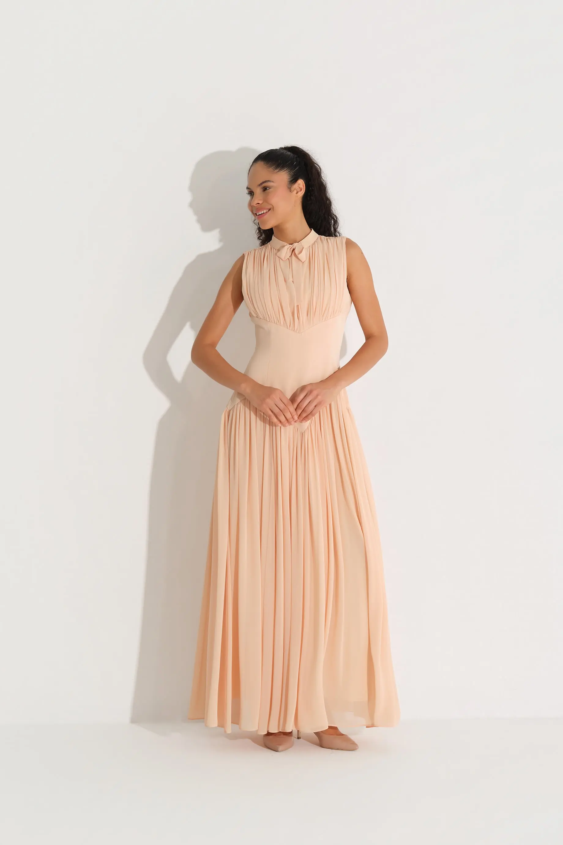 Bow-Neck Corset-Detail Chiffon Dress - Beige, photo 3
