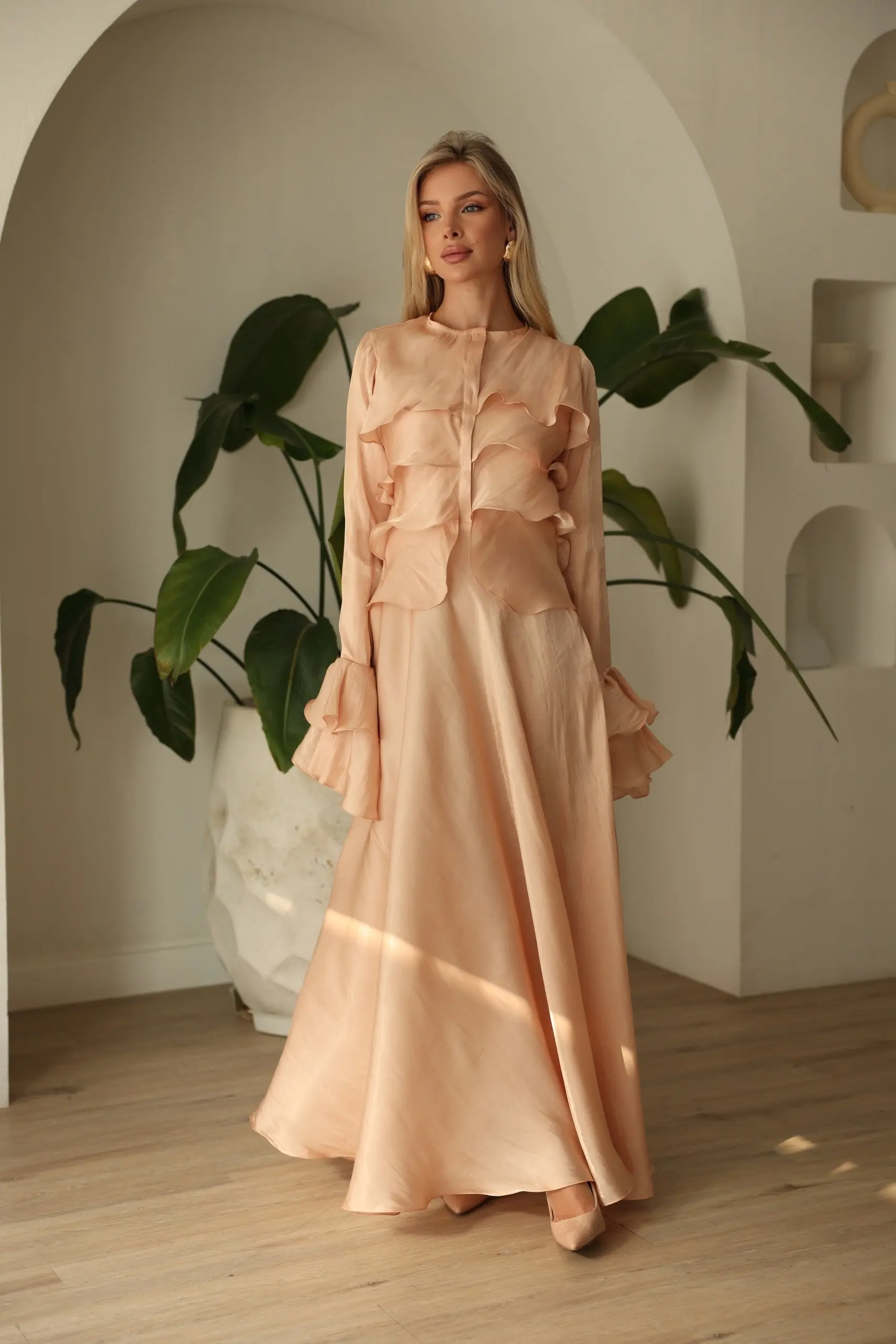 Blush Satin Ruffle Gown – Orchid Dress