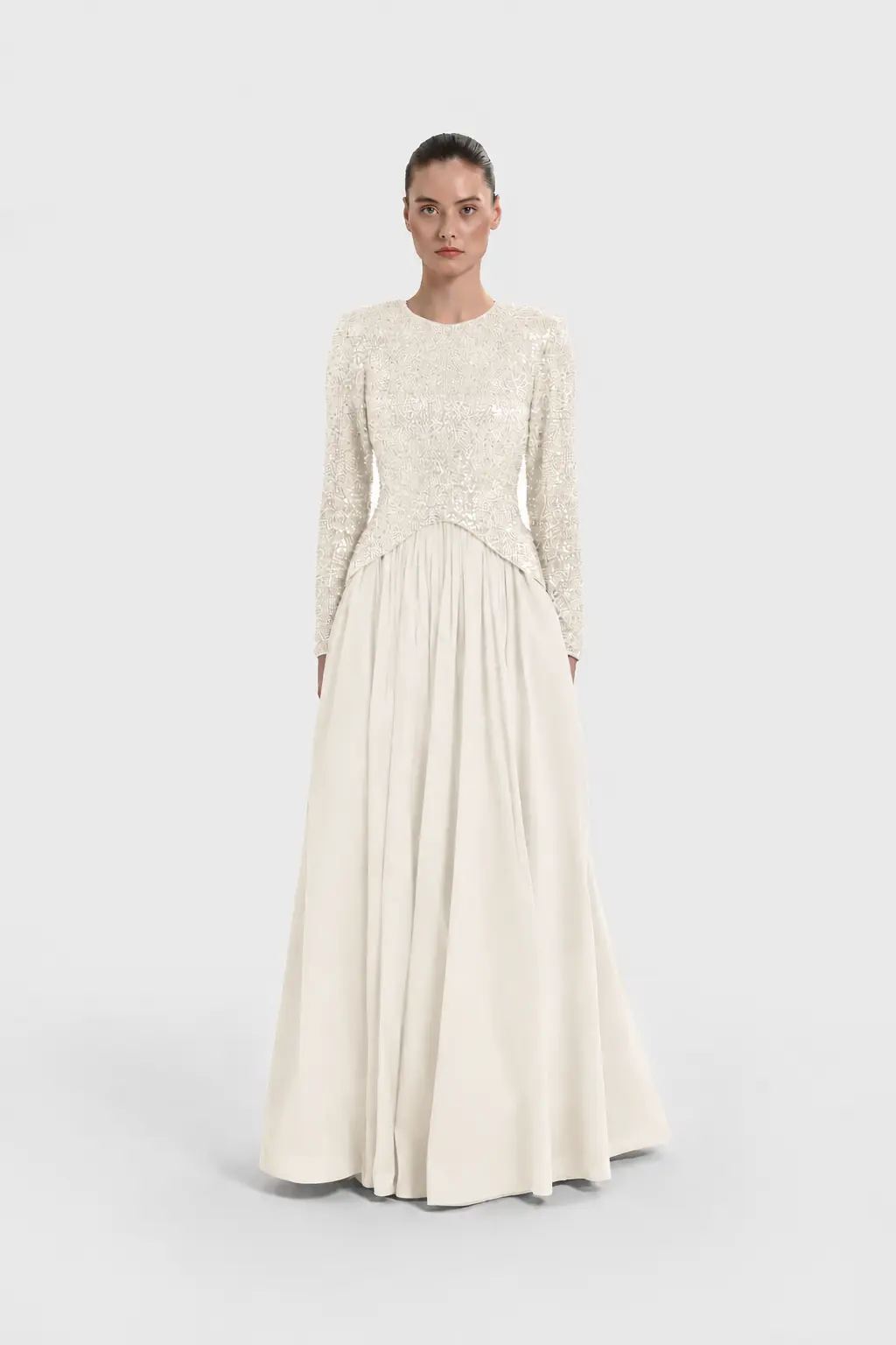 Sequin-Embellished Long-Sleeve Evening Gown - Cream