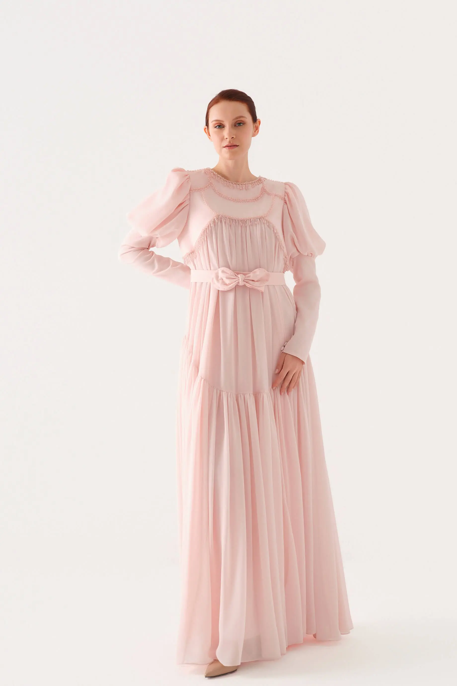 Beaded-Bodice Chiffon Maxi Dress with Bow Belt – Salmon, photo 6
