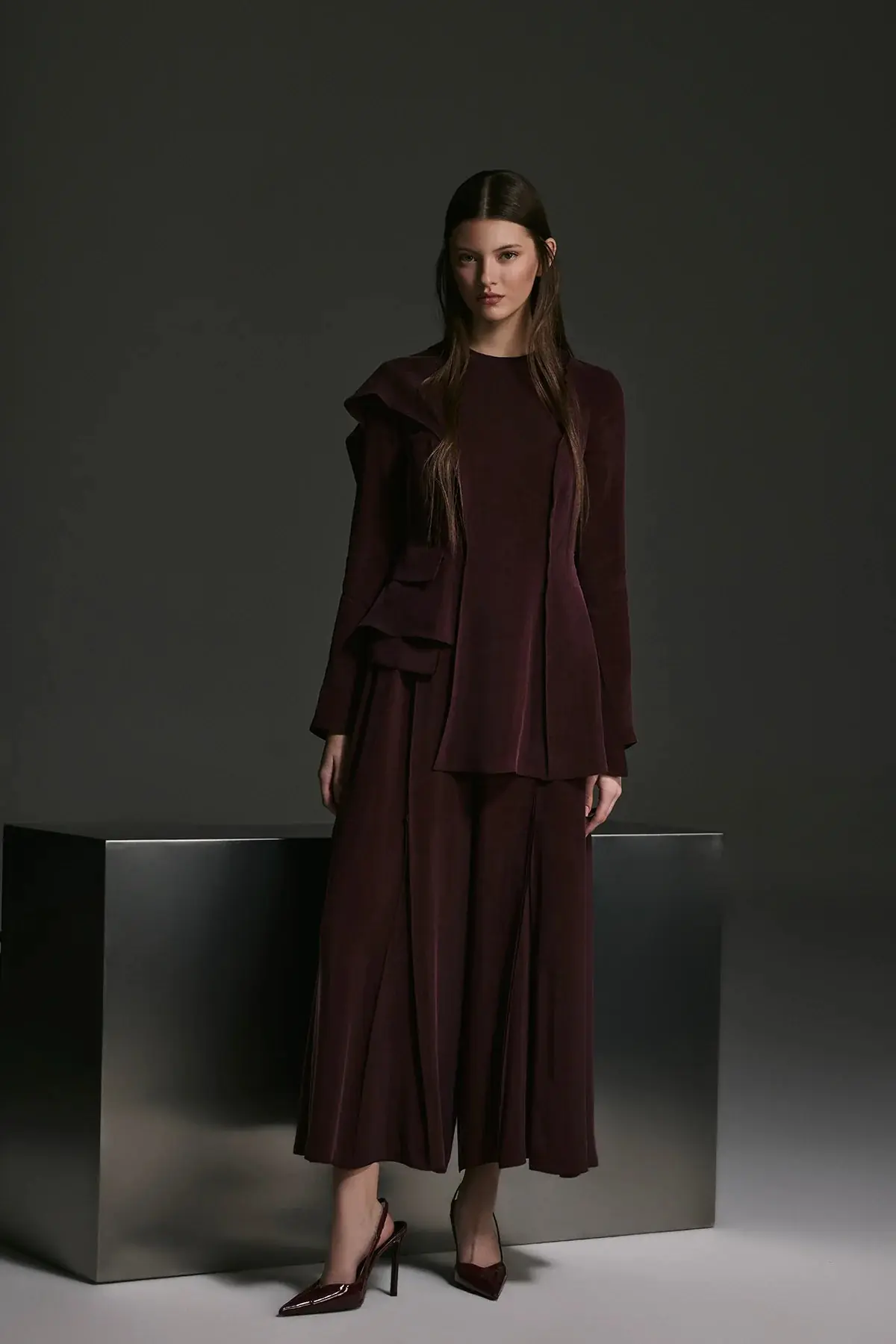 Asymmetric Draped Blouse & Wide-Leg Trouser Set - Burgundy, photo 6