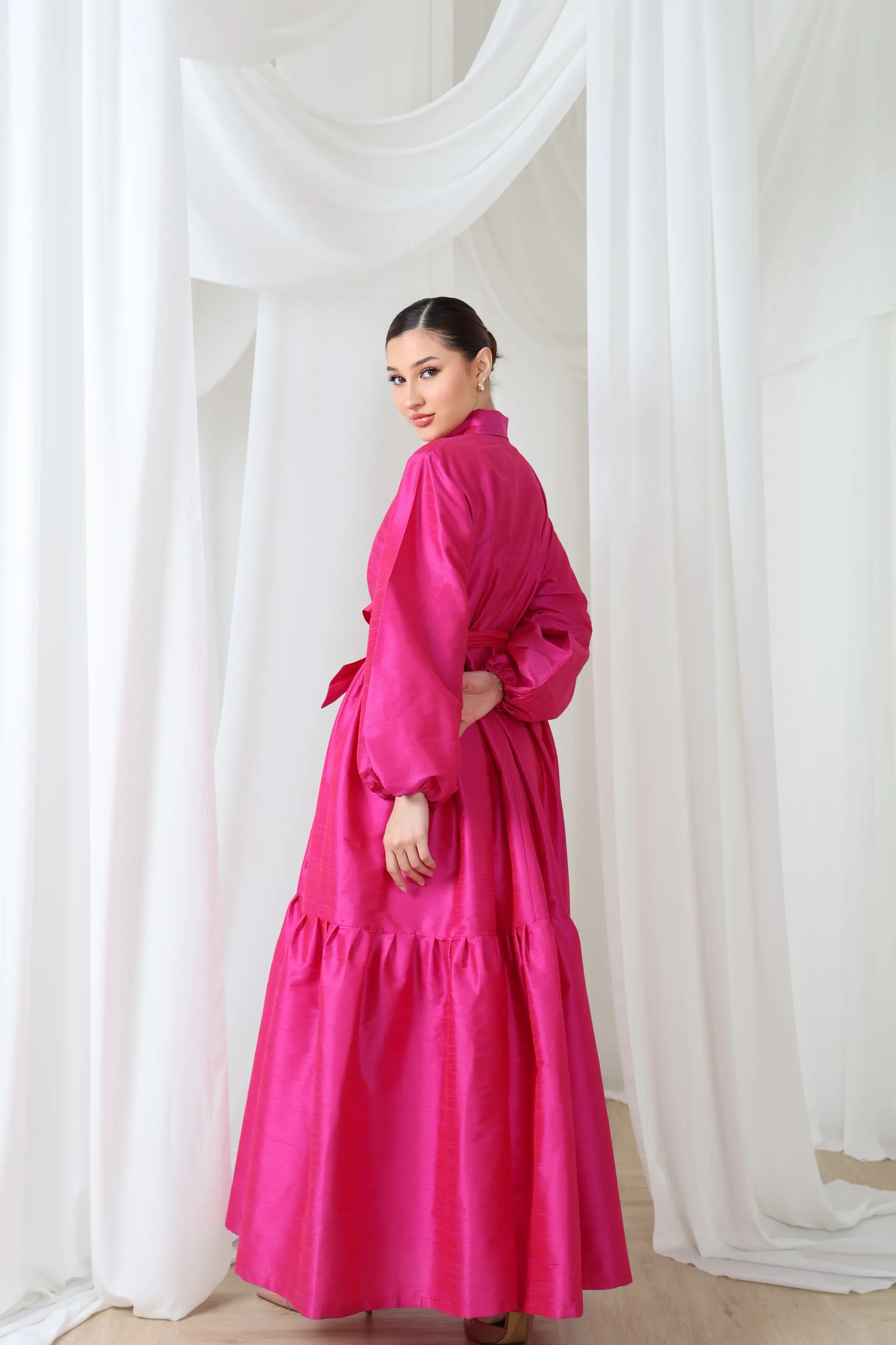 Satin Maxi Dress with Balloon Sleeves & Waist Bow, photo 3