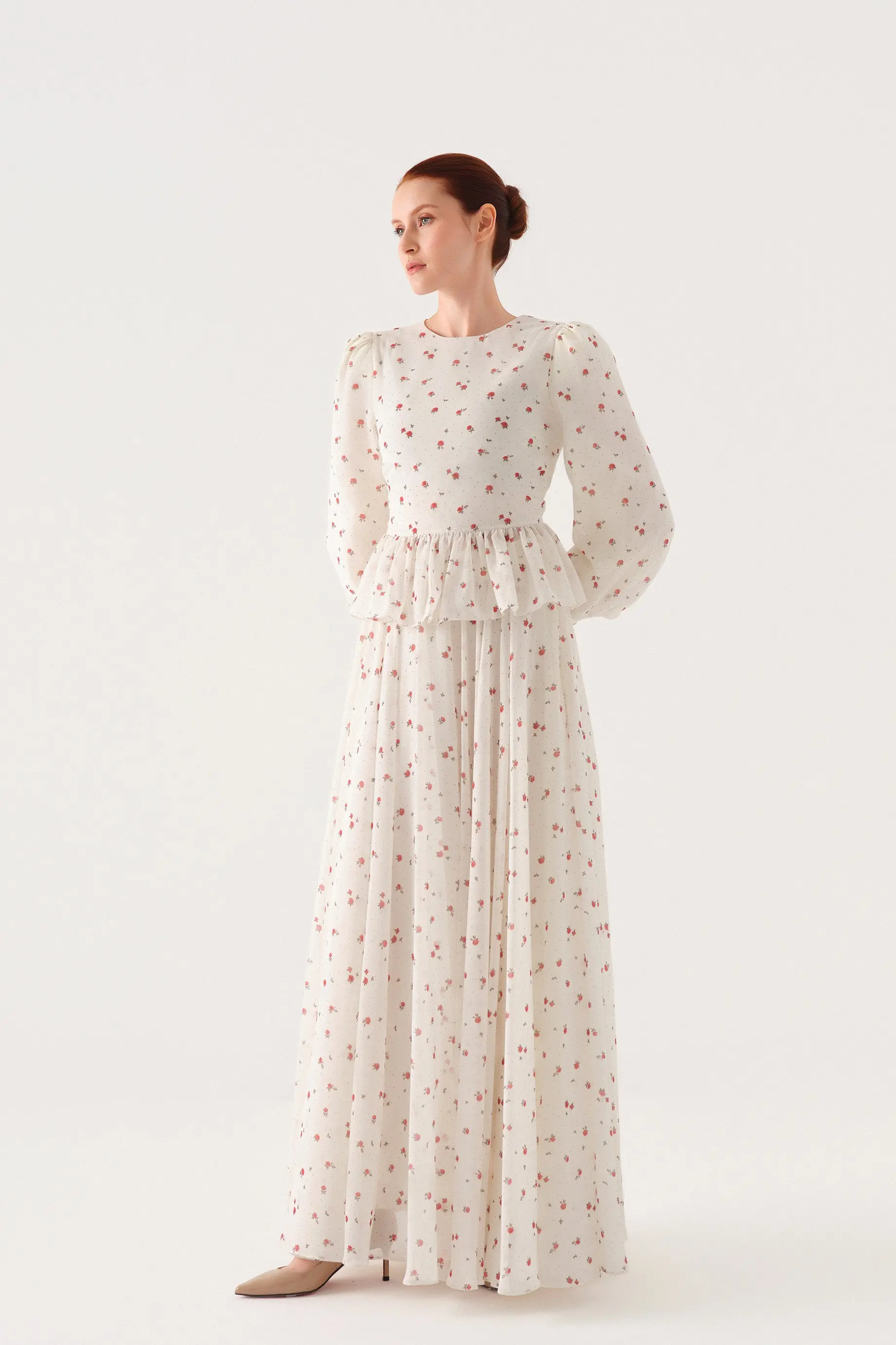 Small-Floral Print Chiffon Blouse and Maxi Skirt Set – Ecru, photo 3