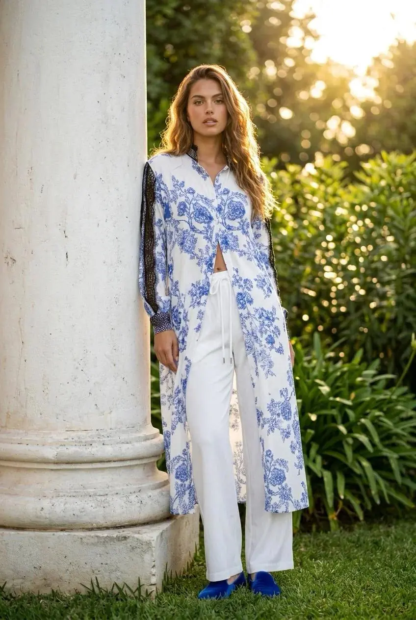 Glenda Luxury Silk Floral Long Shirt – White & Blue