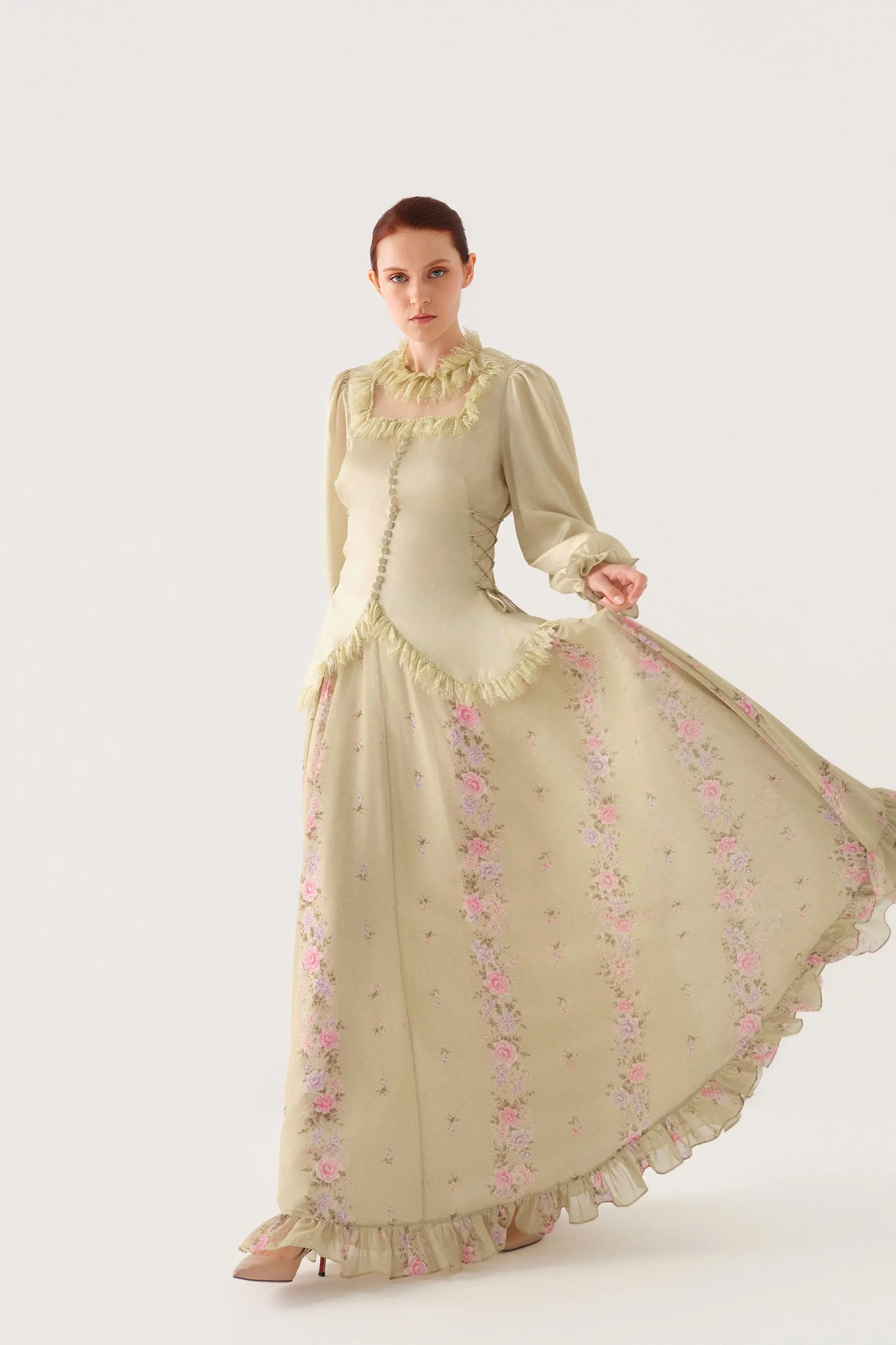 Polka-Dot Lace-Trim Blouse and Chiffon Skirt Set – Green, photo 6