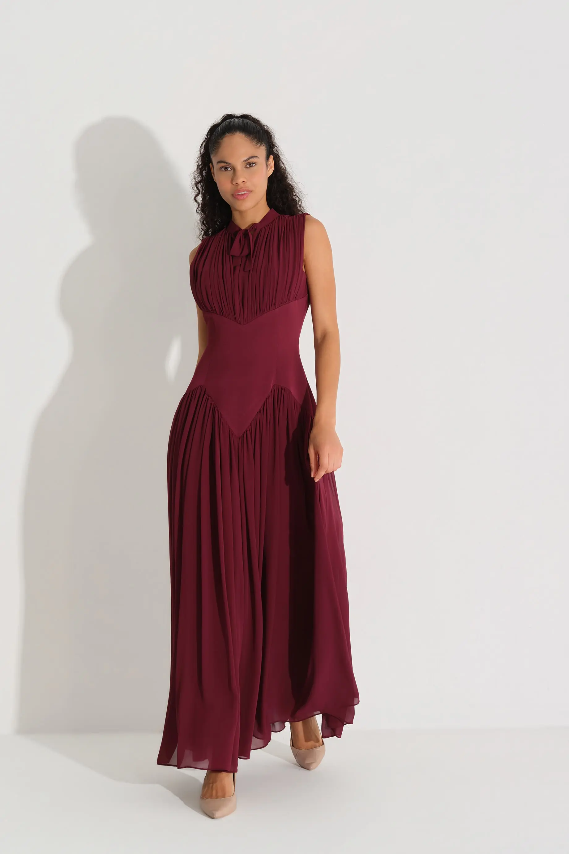 Bow-Neck Corset-Detail Chiffon Dress - Bordeaux, photo 2