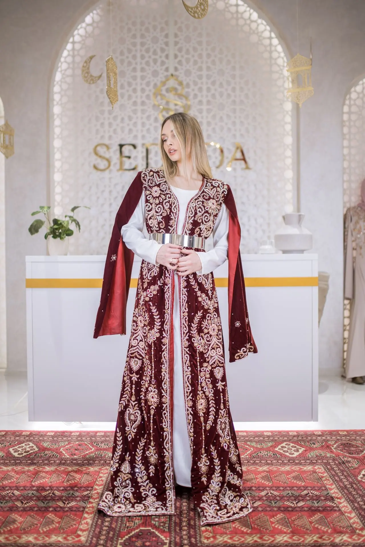Goldline Couture Embellished Velvet Kaftan – Deep Red