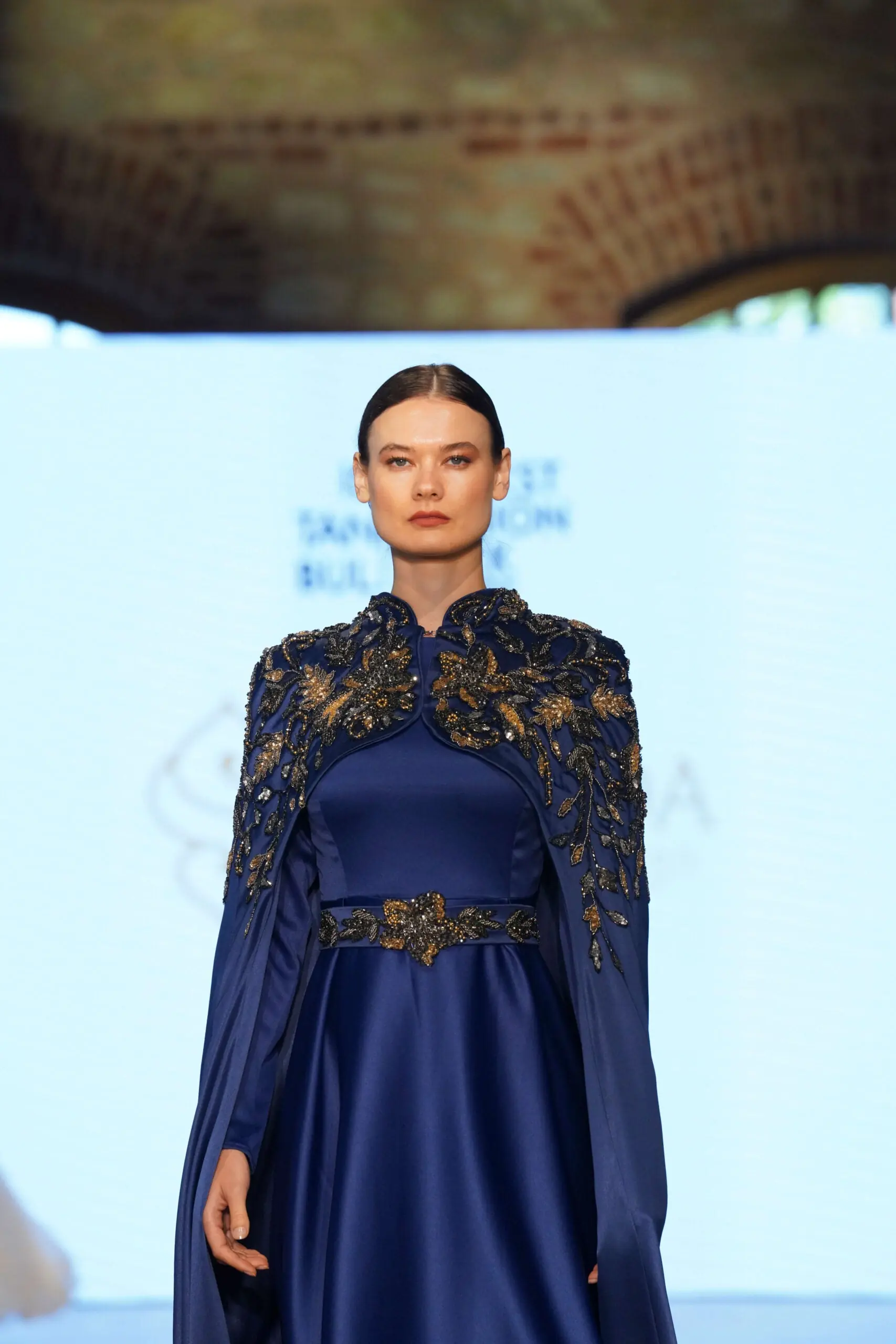 Silk Crescent Balcanian Embroidered Satin Gown – Navy, photo 2