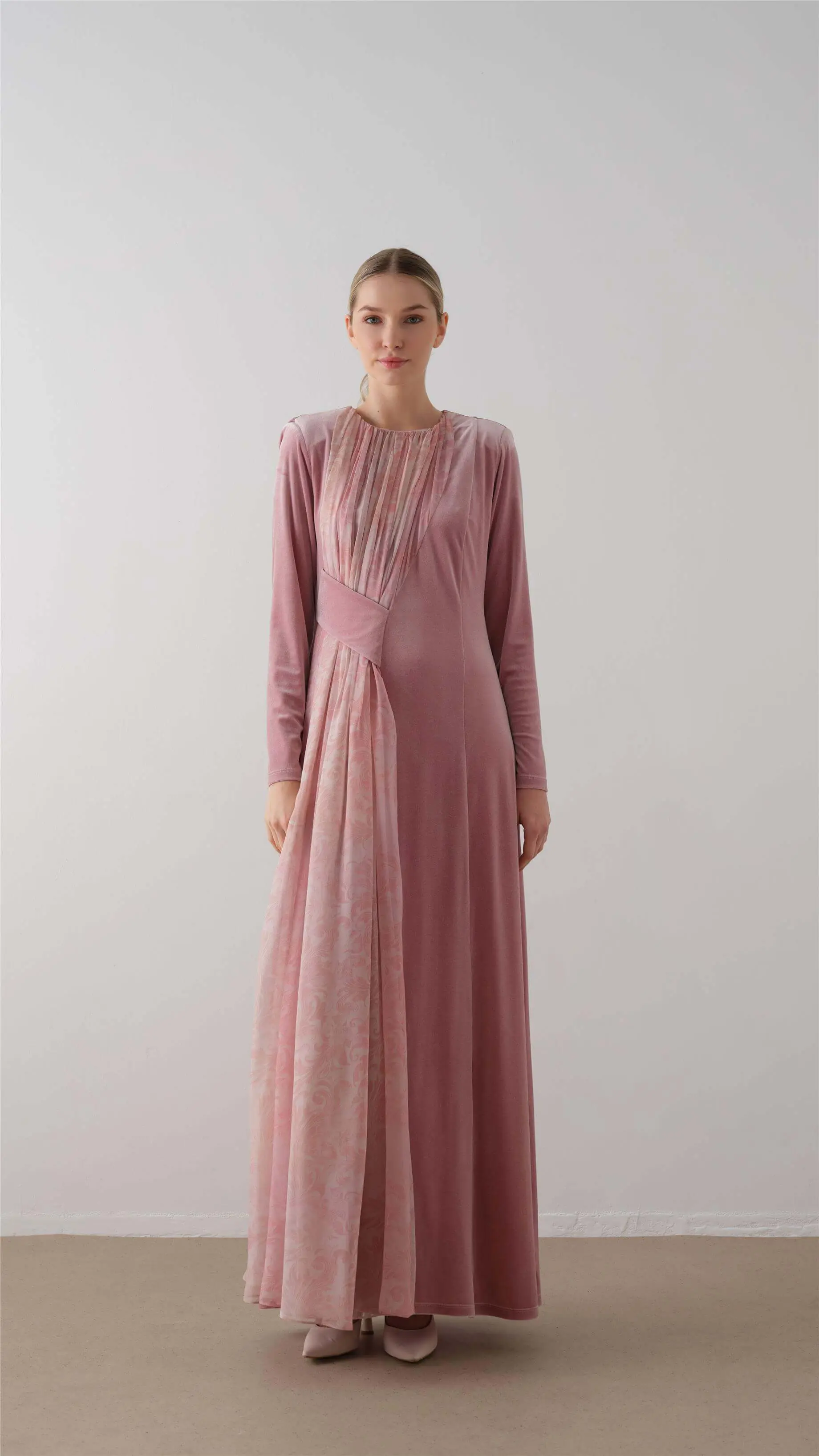 Cross-Draped Velvet Chiffon Dress – Powder Pink