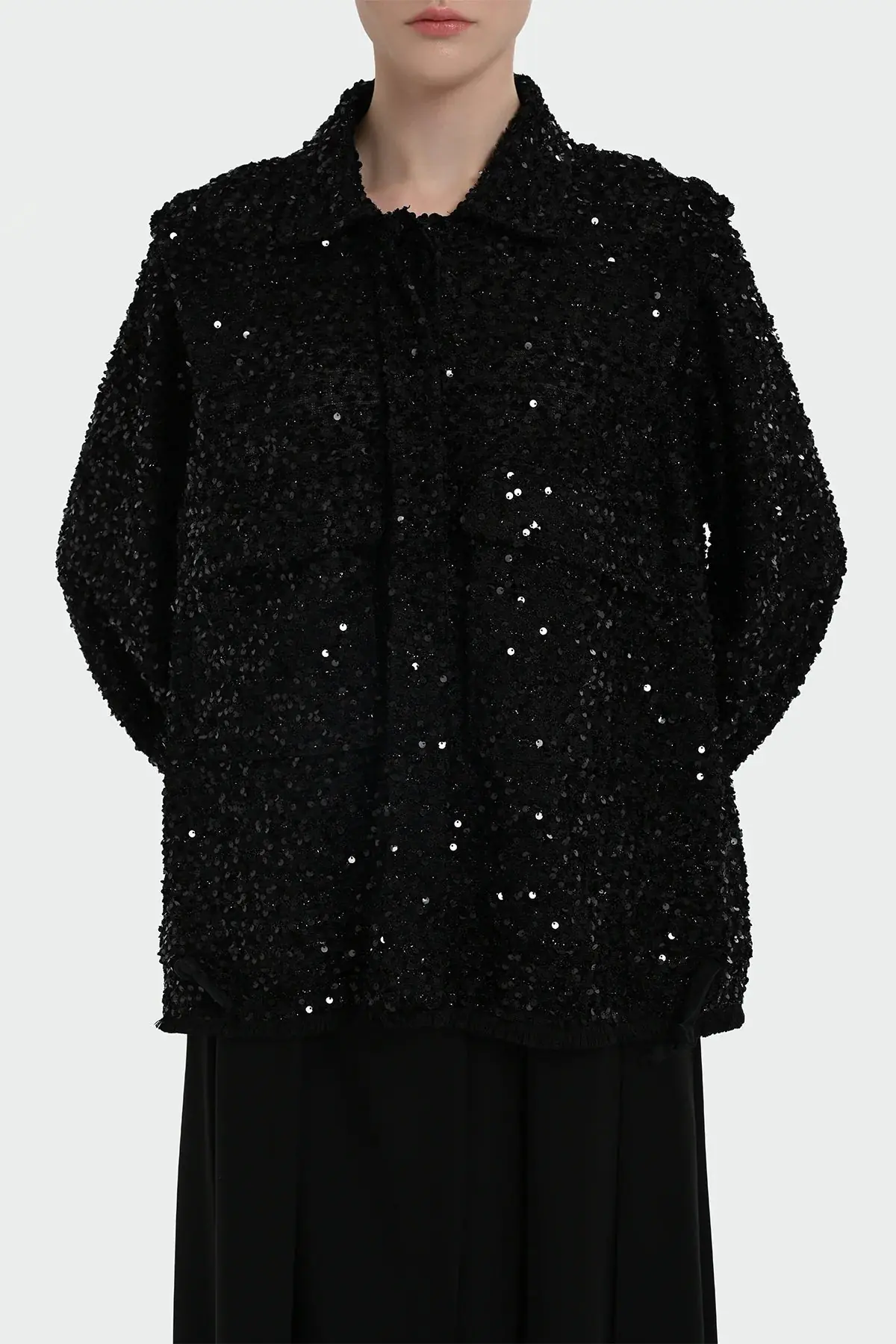 Sequin Embellished Shirt-Collar Jacket — Black, photo 2