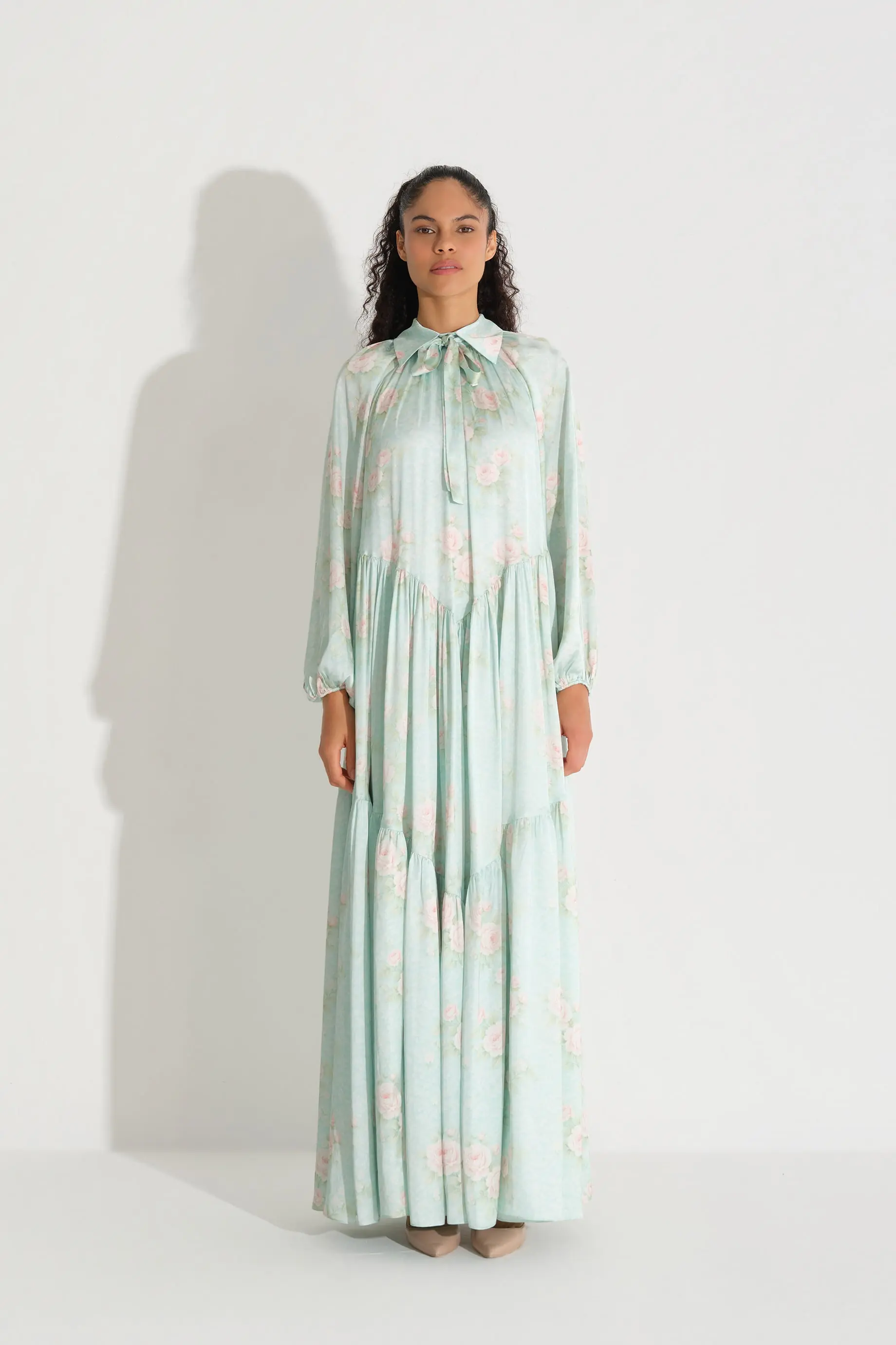 Bow-Neck Floral Chiffon Satin Dress – Green