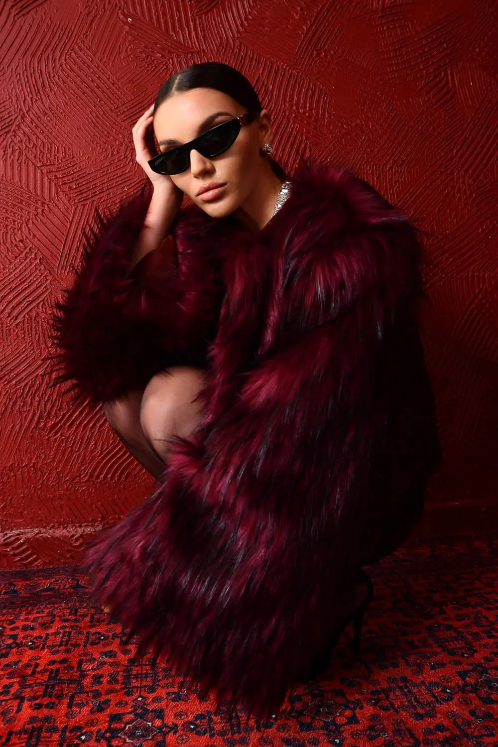 Cerise Fur-Detail Coat – Burgundy, photo 3