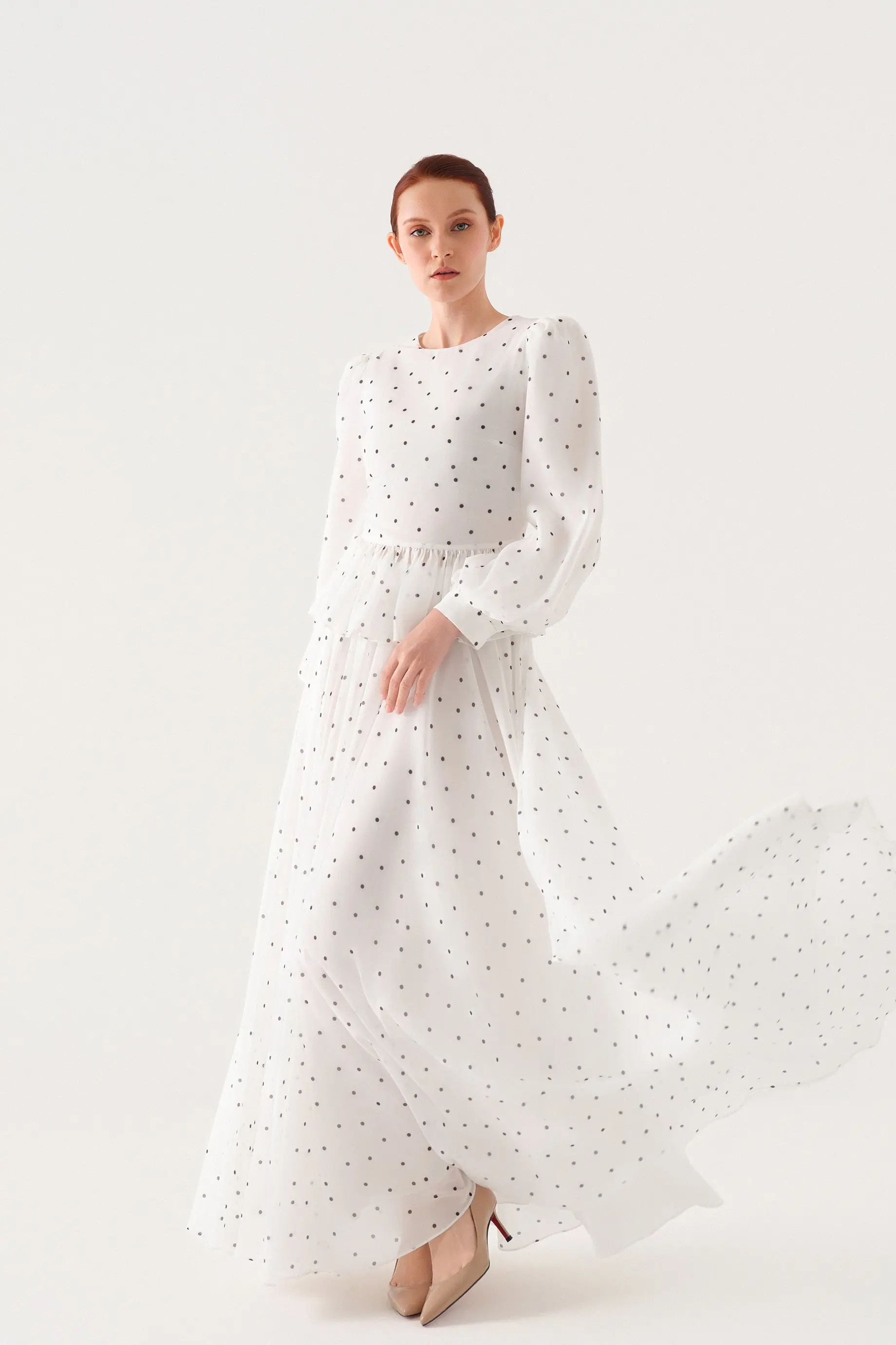 Small-Floral Print Chiffon Blouse and Maxi Skirt Set – White, photo 5