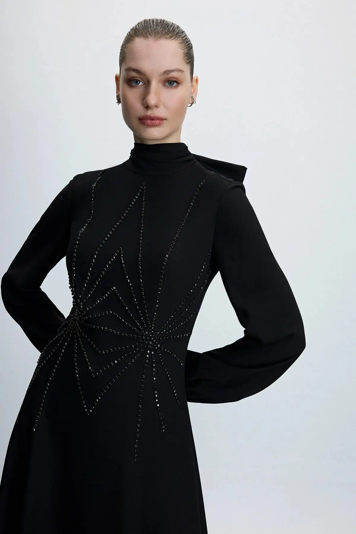 Embellished High-Neck Evening Gown – Black, photo 2