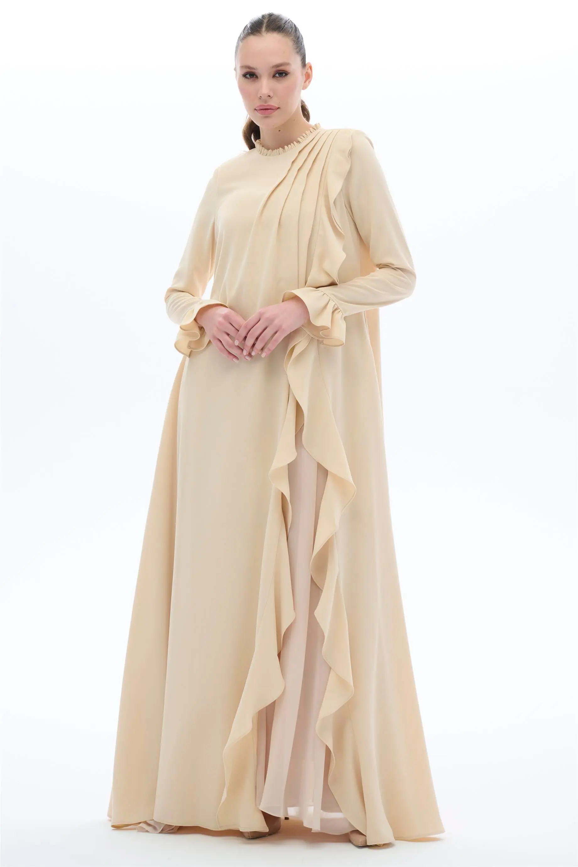 Ruffled Panel Dress – Beige, photo 5