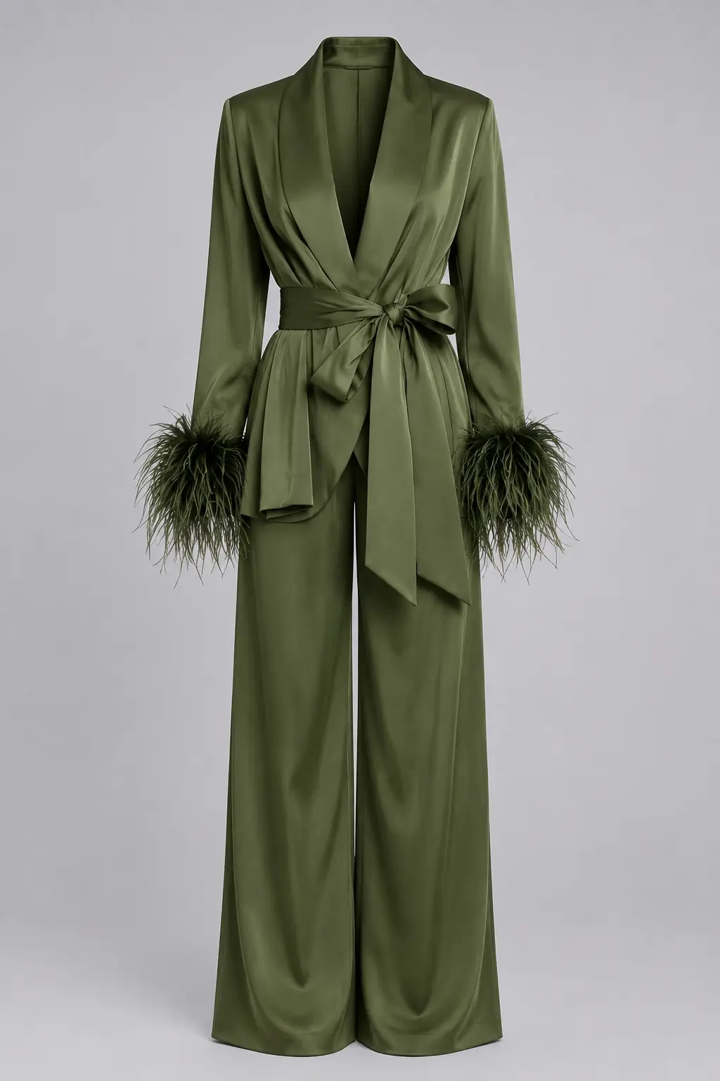 Verdance Feather-Trim Satin Set – Green