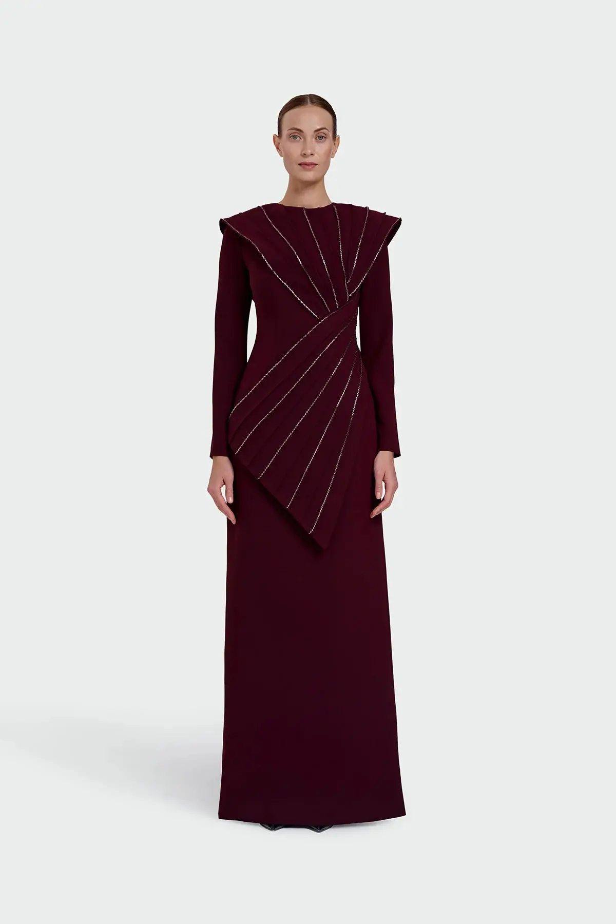Asymmetric Strip Detail Evening Dress - Bordeaux