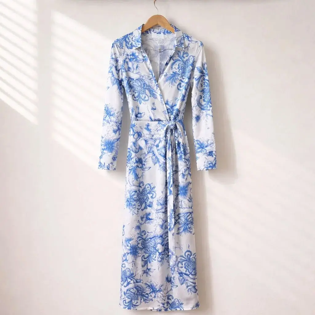 Red Floral Wrap Maxi Shirt Dress – White & Blue