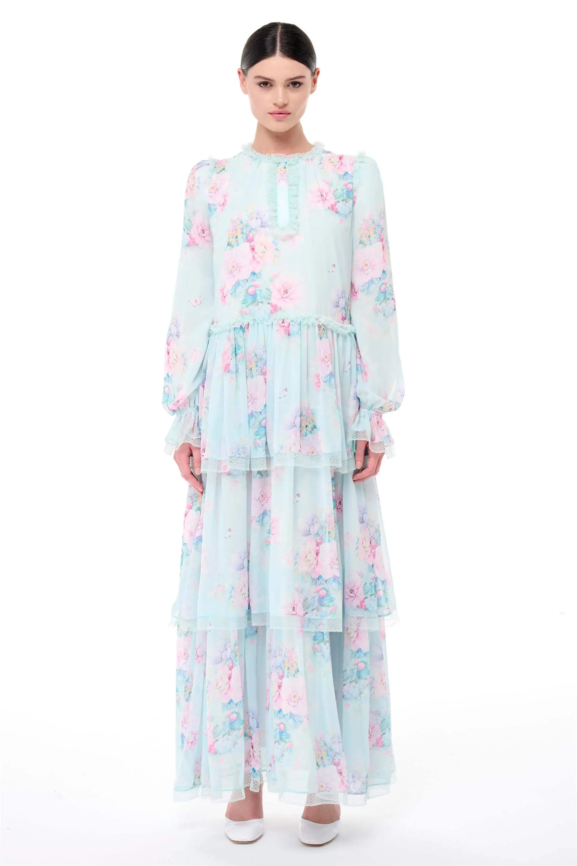 Lace Tiered Maxi Dress – Mint Floral