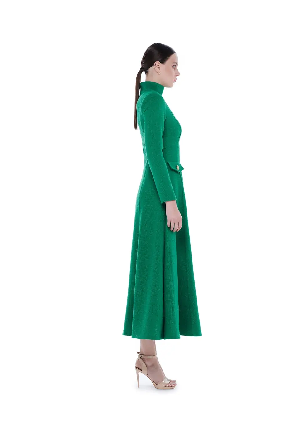 High-Neck Flounced Long Dress - Green, photo 2