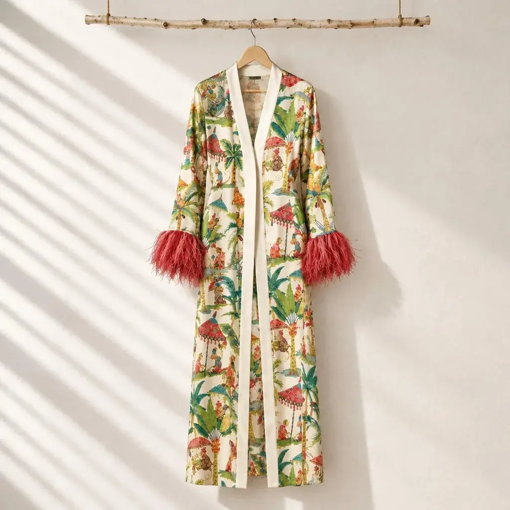 Coco Feather-Trimmed Kimono - Ivory & Red, photo 7