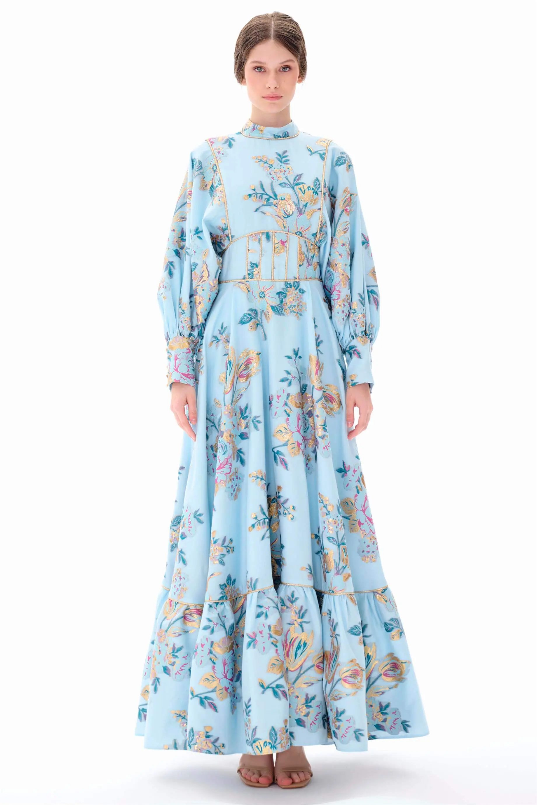 Corset-Detail Jacquard Maxi Dress – Blue
