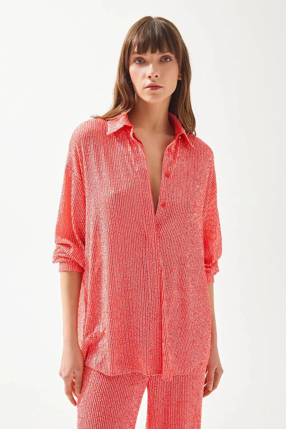 Relaxed-Fit Sequin Shirt with Cuffed Sleeves – Fuchsia
