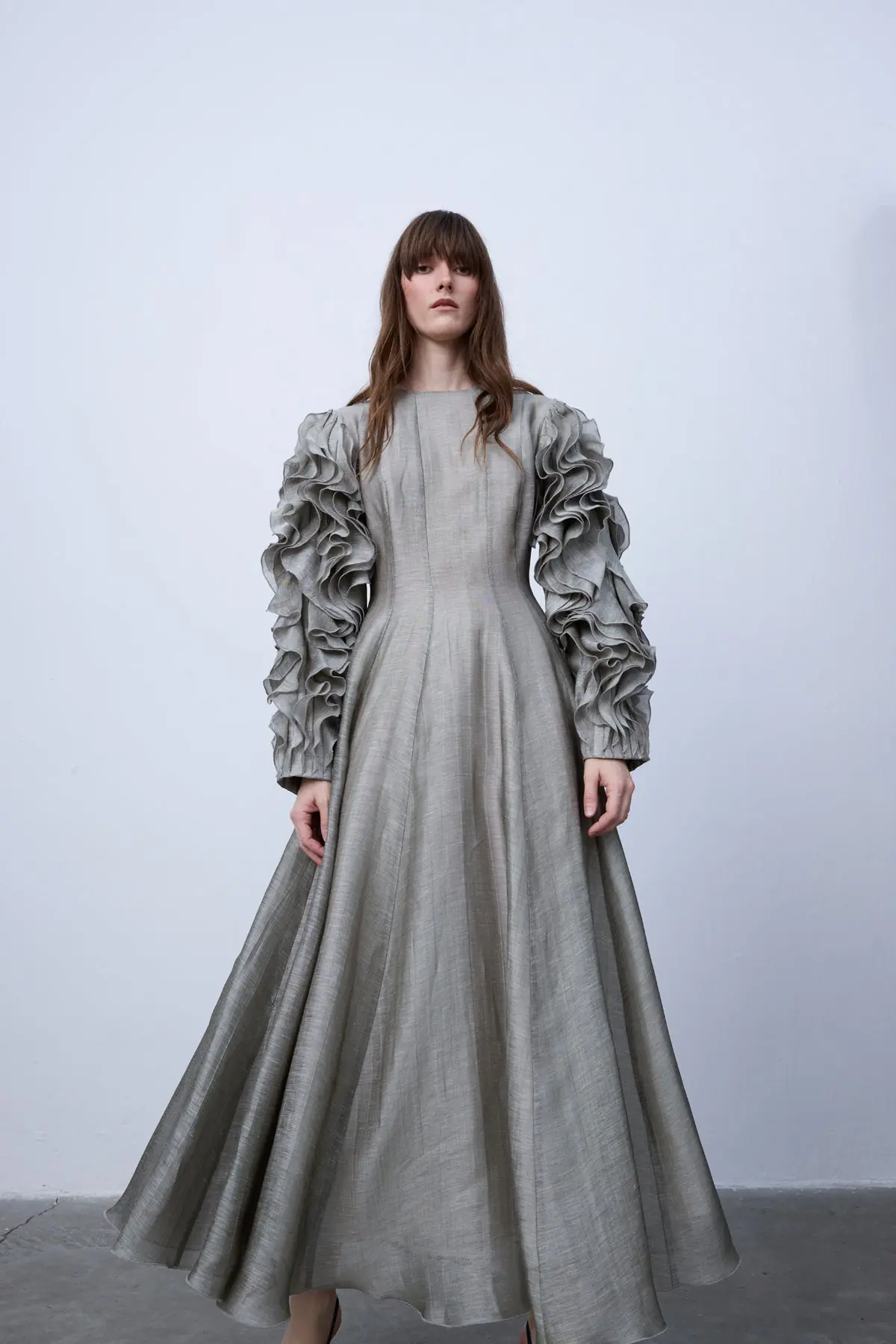 Silk-Linen Dress with Sculptural Ruffle Sleeves - Metallic Grey, photo 2