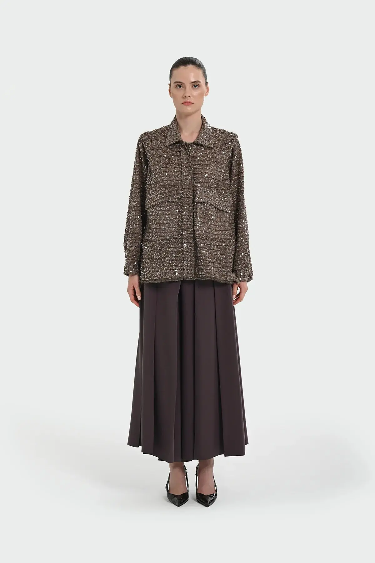 Sequin Embellished Shirt-Collar Jacket — Brown