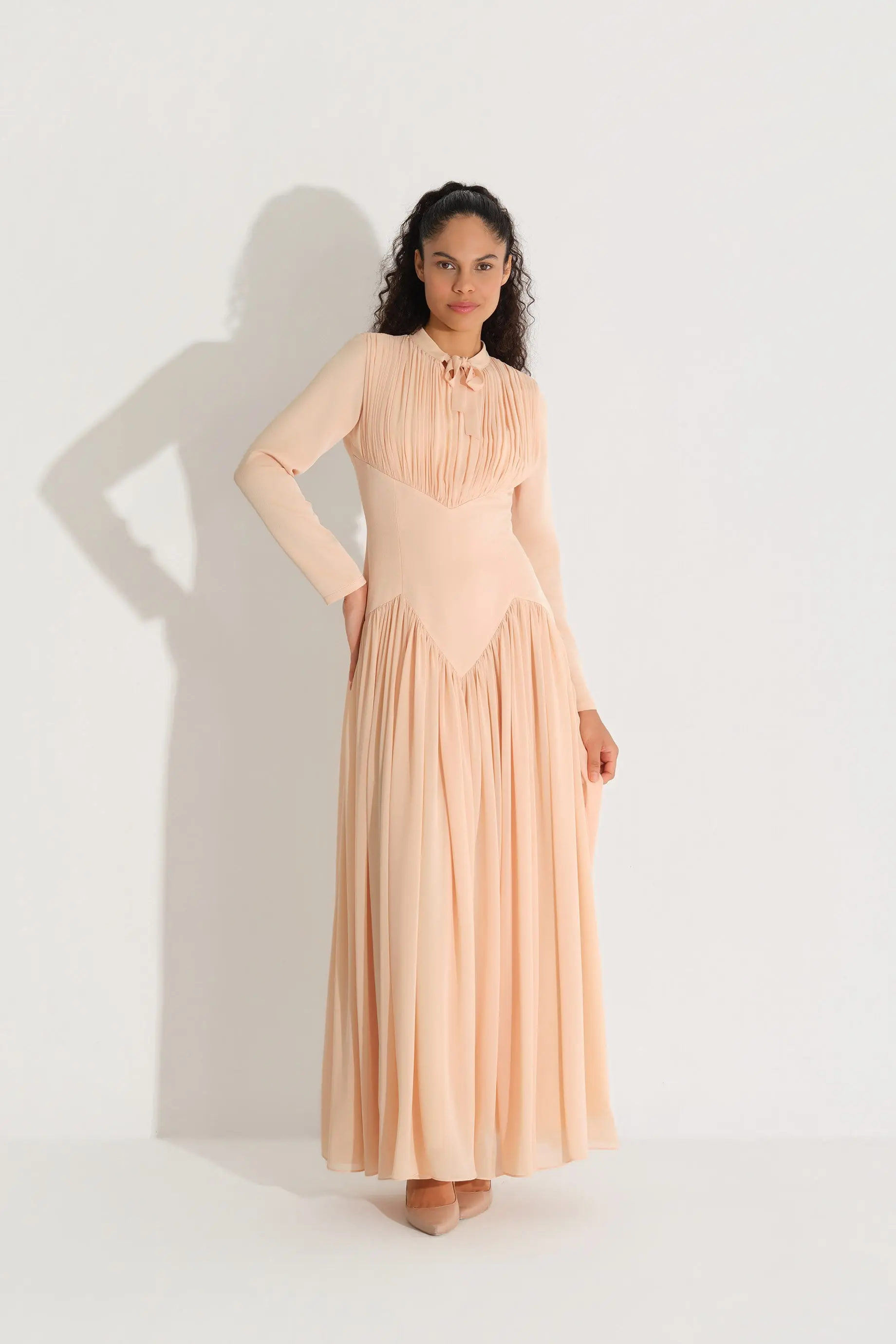 Bow-Neck Corset-Detail Chiffon Dress with Long Sleeves - Yellow, photo 5