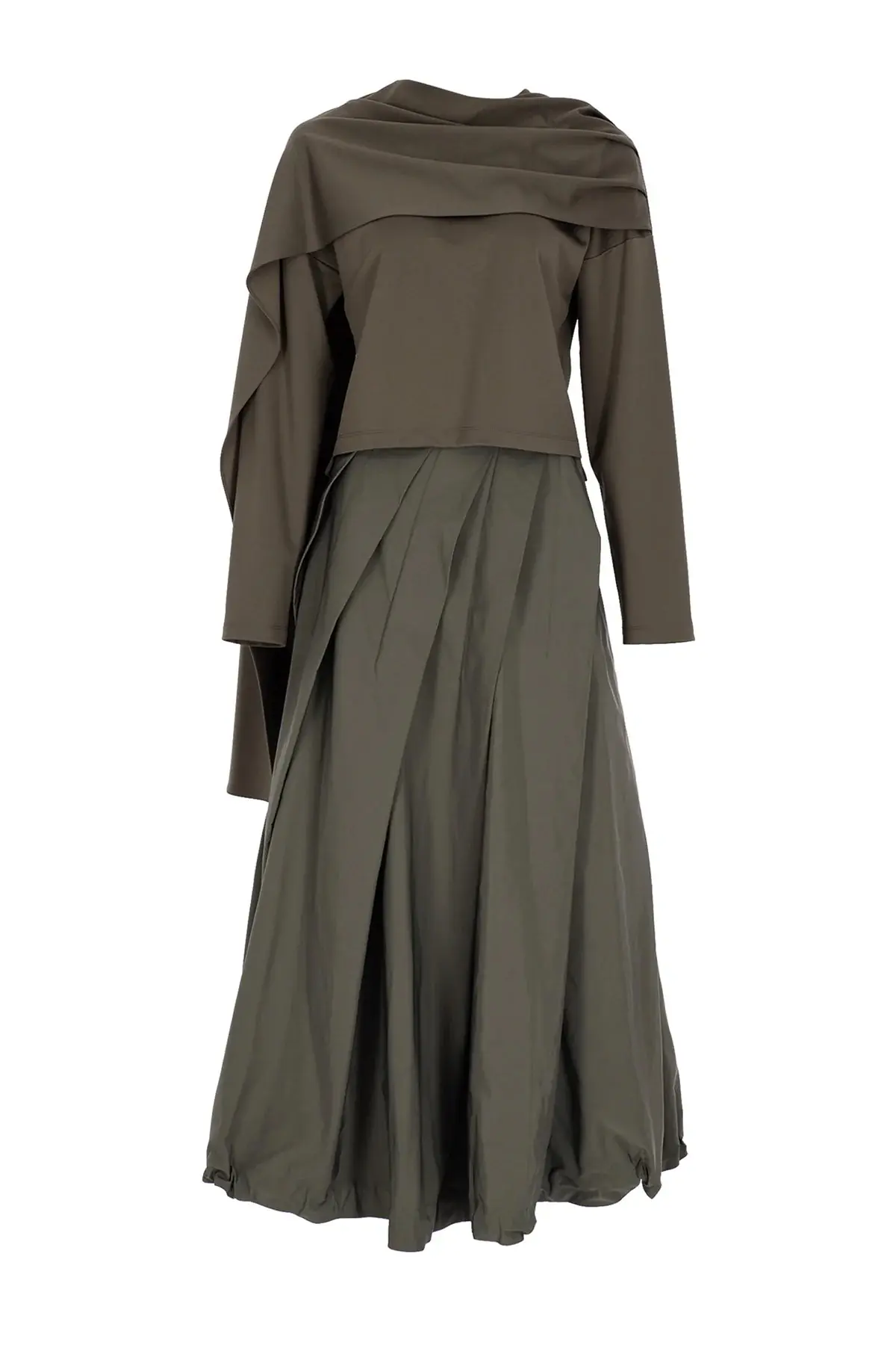 Draped Shoulder Top & Pleated Skirt Set – Dark Mink