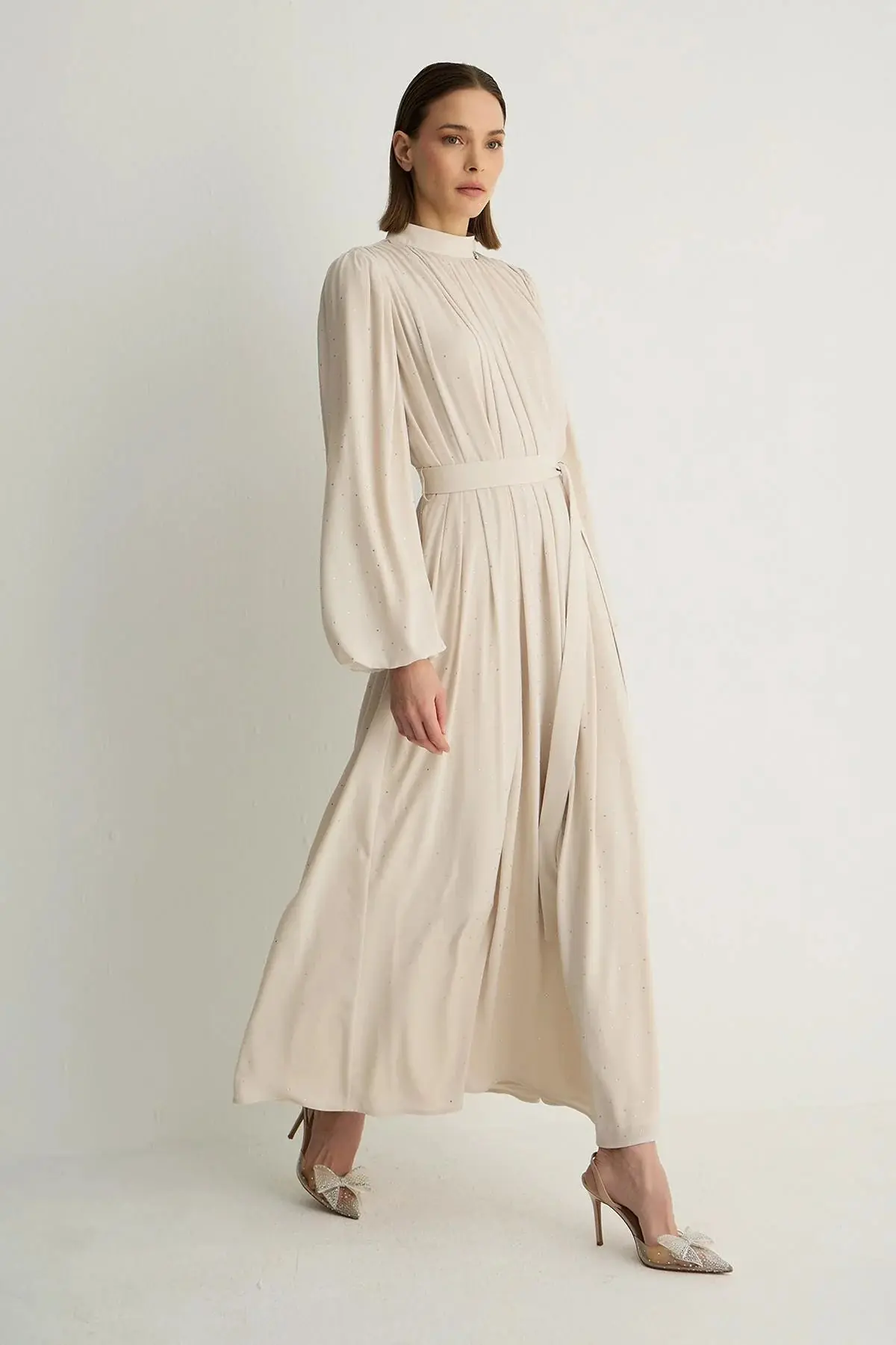 Veluna Embellished Pleated Dress – Stone, photo 1