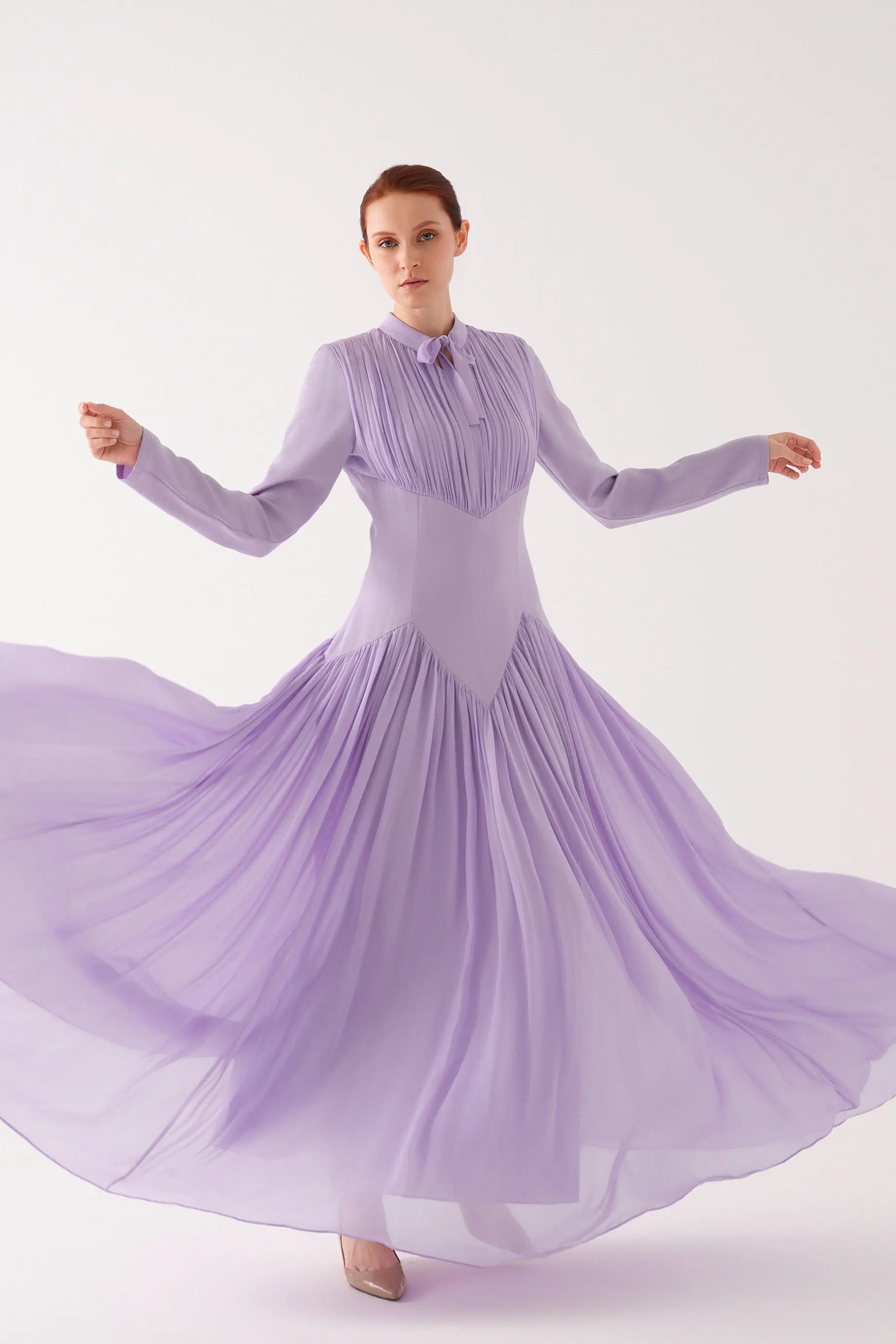 Bow-Neck Corset-Waist Crepe Maxi Dress – Lilac, photo 3