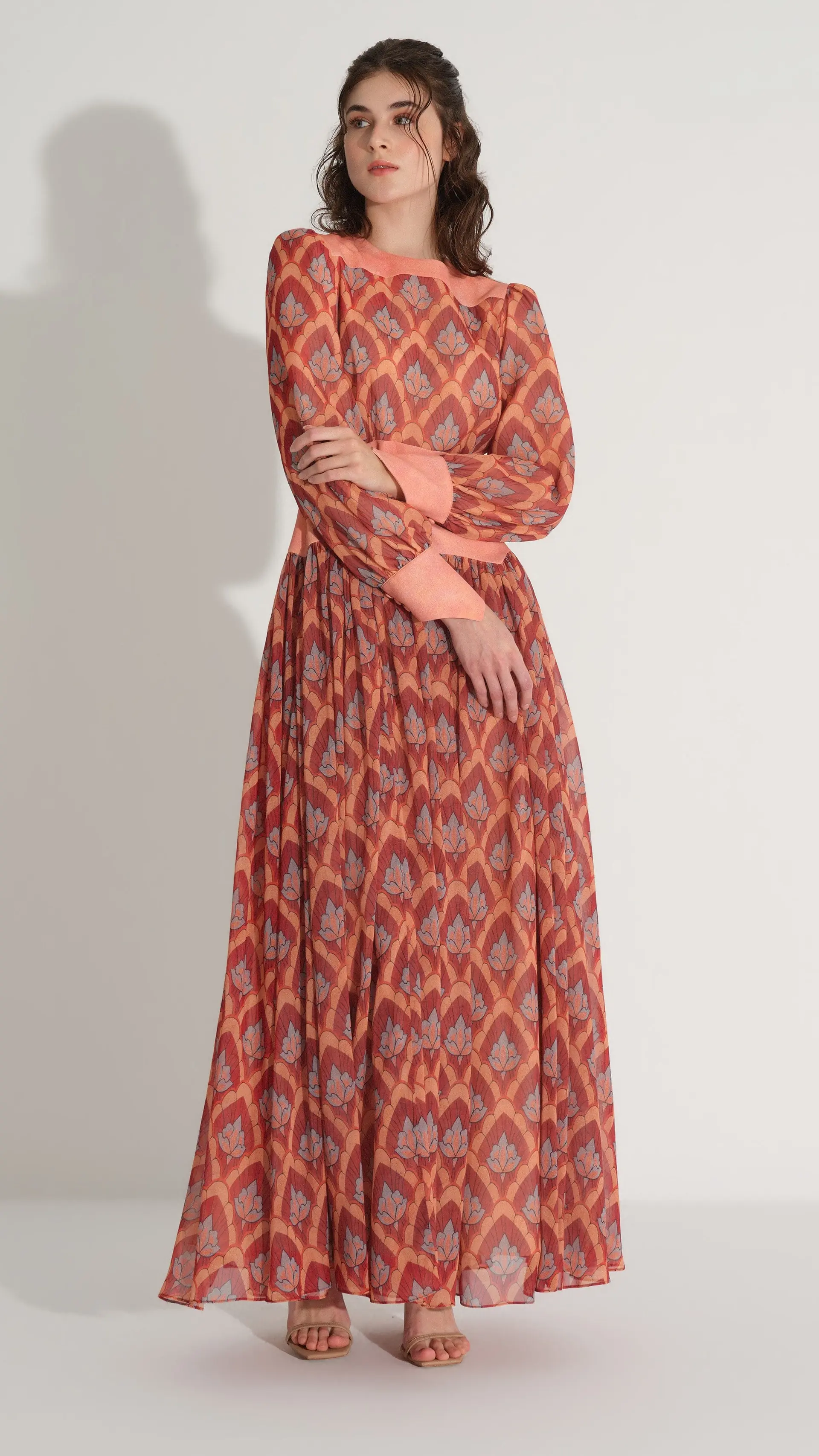 Corset-Effect Printed Chiffon Dress – Orange, photo 2