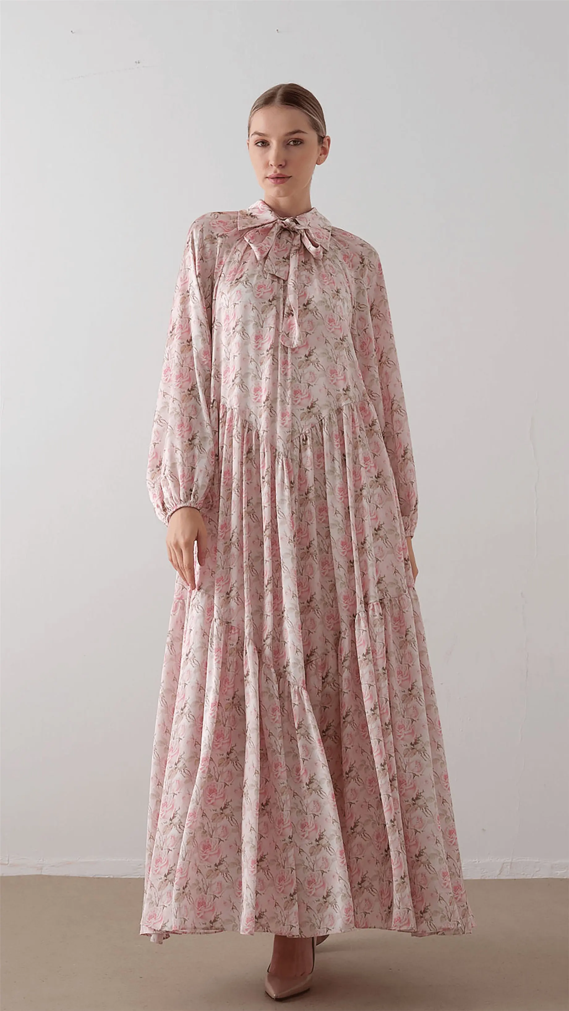 Bow Neck Chiffon Satin Dress – Soft Pink, photo 7
