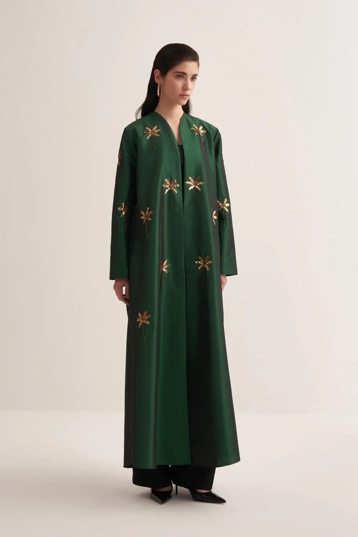Glamor Embroidered Satin Abaya – Emerald Green, photo 2