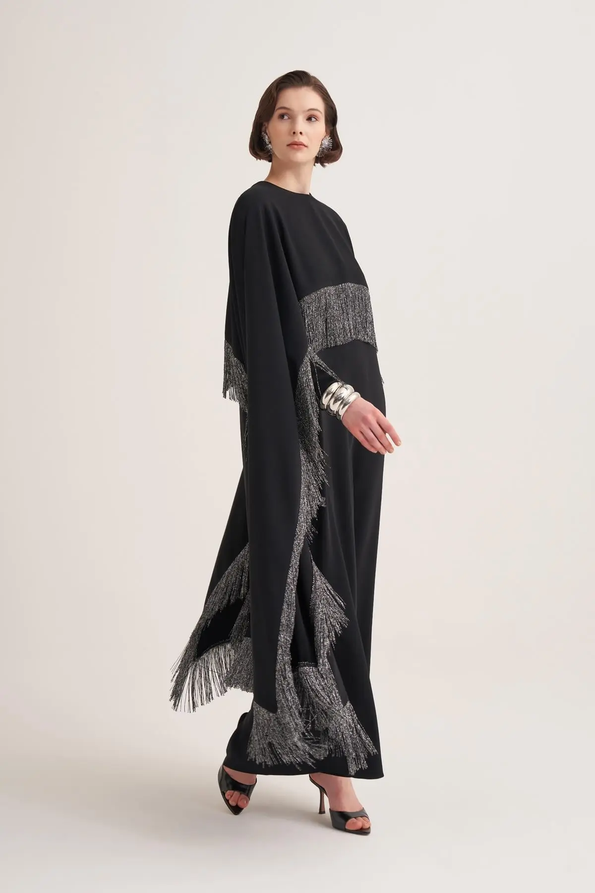 Milena Fringed Cape Maxi Dress – Black