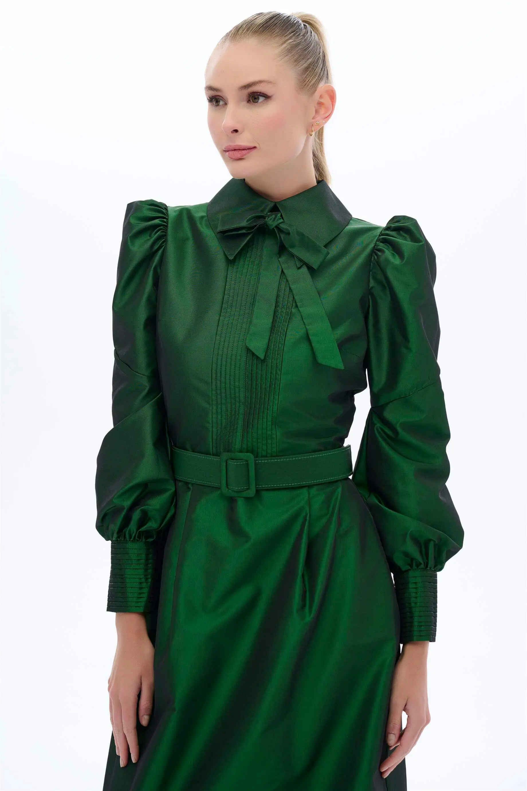 Pintuck Taffeta Belted Dress – Emerald, photo 2
