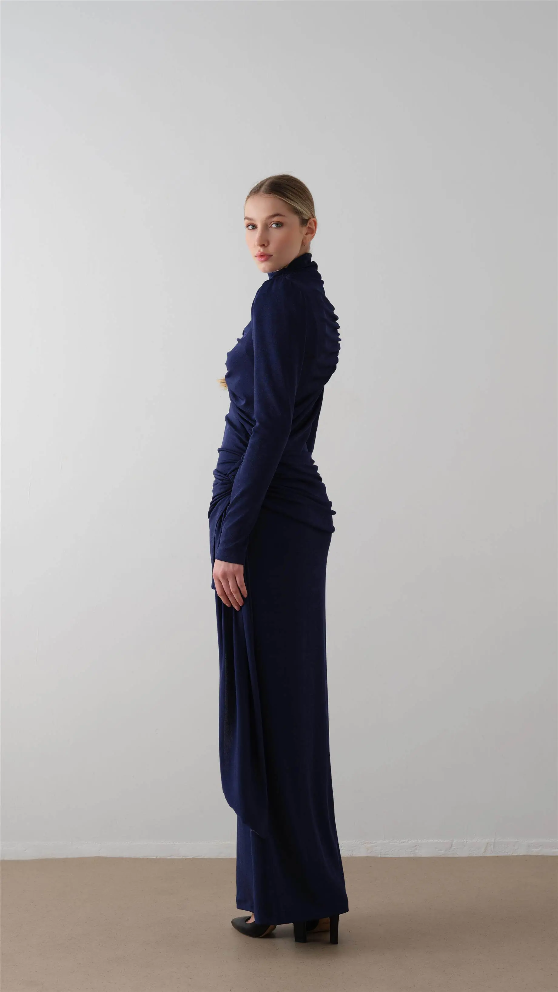 Ruched Turtleneck Dress – Navy, photo 3
