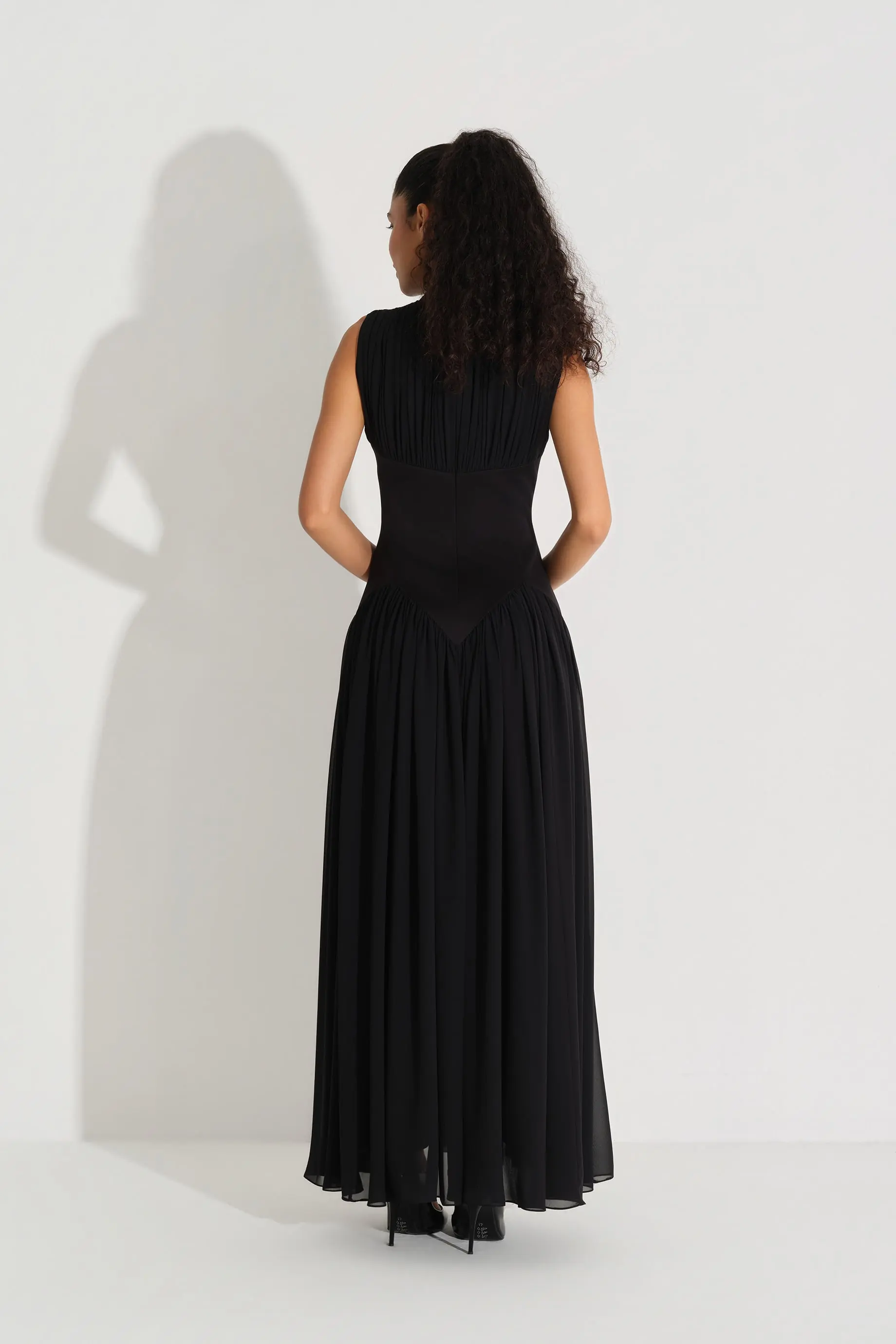 Bow-Neck Corset-Detail Chiffon Dress - Black, photo 5