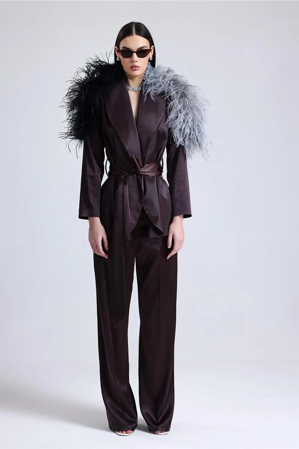 Satin Ember Feather-Shoulder Set – Brown