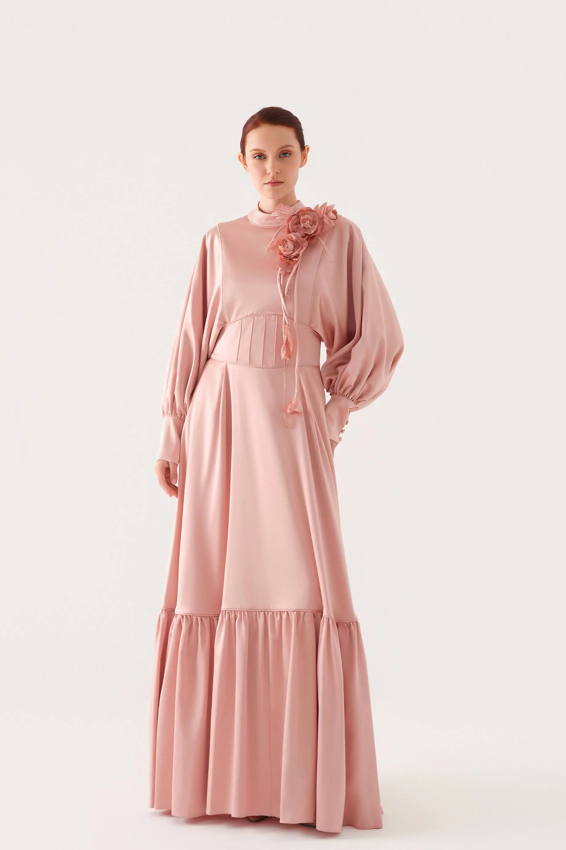 Beaded-Trim Corset-Waist Satin Maxi Dress – Powder Pink