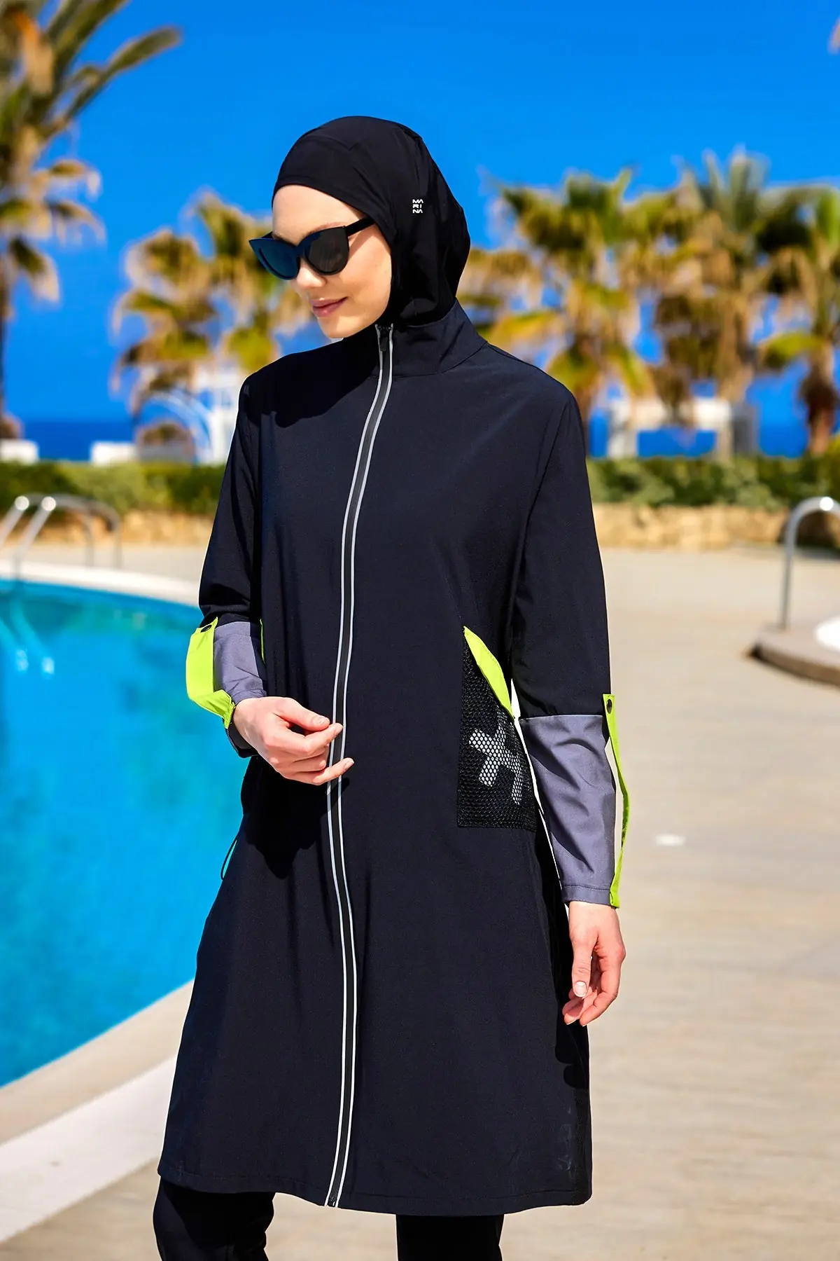 Black Full Coverage Modest Swimwear with Mesh Pocket – M2522