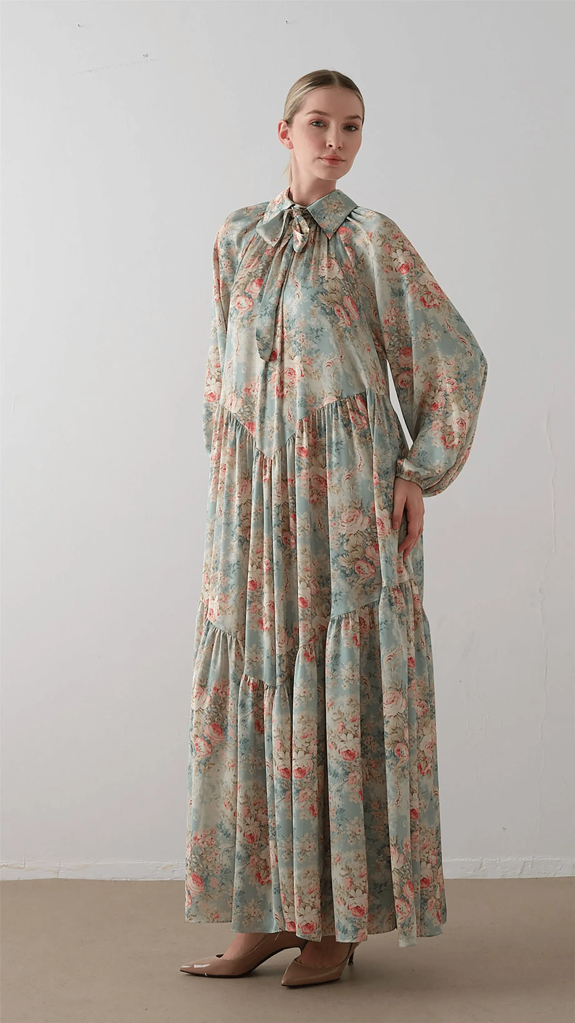 Bow Neck Chiffon Satin Dress – Green, photo 4