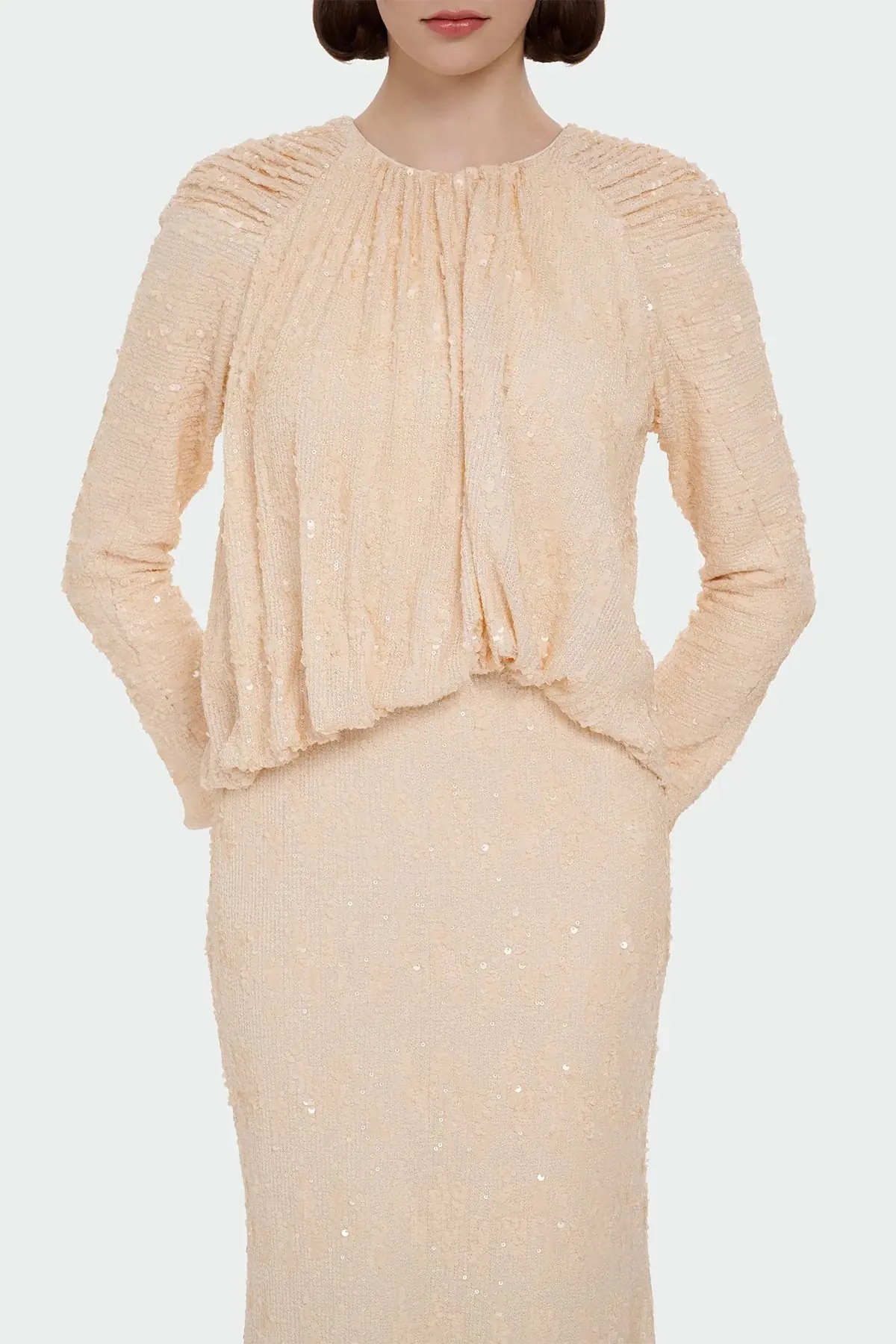 Sequin Long-Sleeve Formal Set with Draped Detail - Cream, photo 2