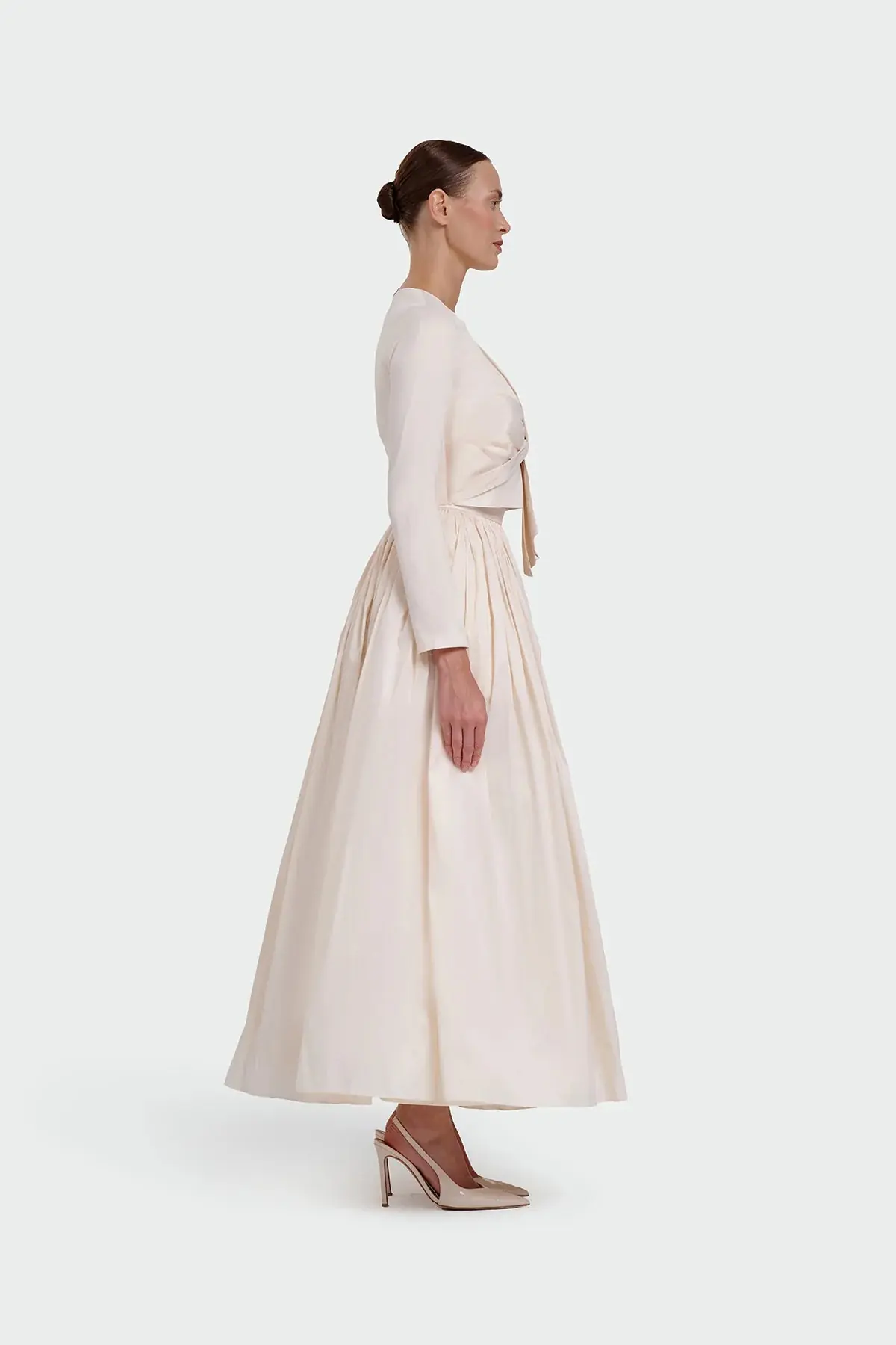 Long-Sleeve Dress with Front Tie Detail - Cream, photo 3