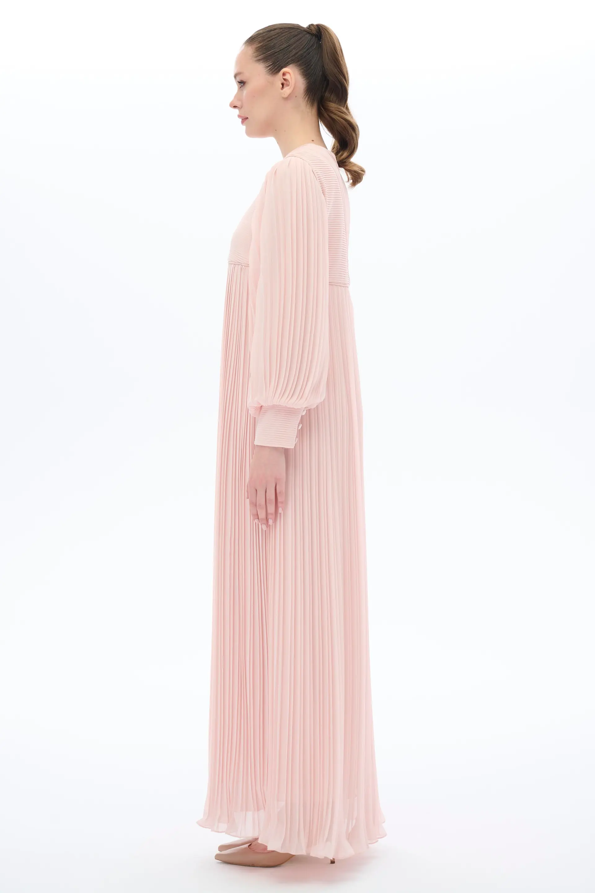 Pleated V-Front Romantic Dress – Powder Pink, photo 3