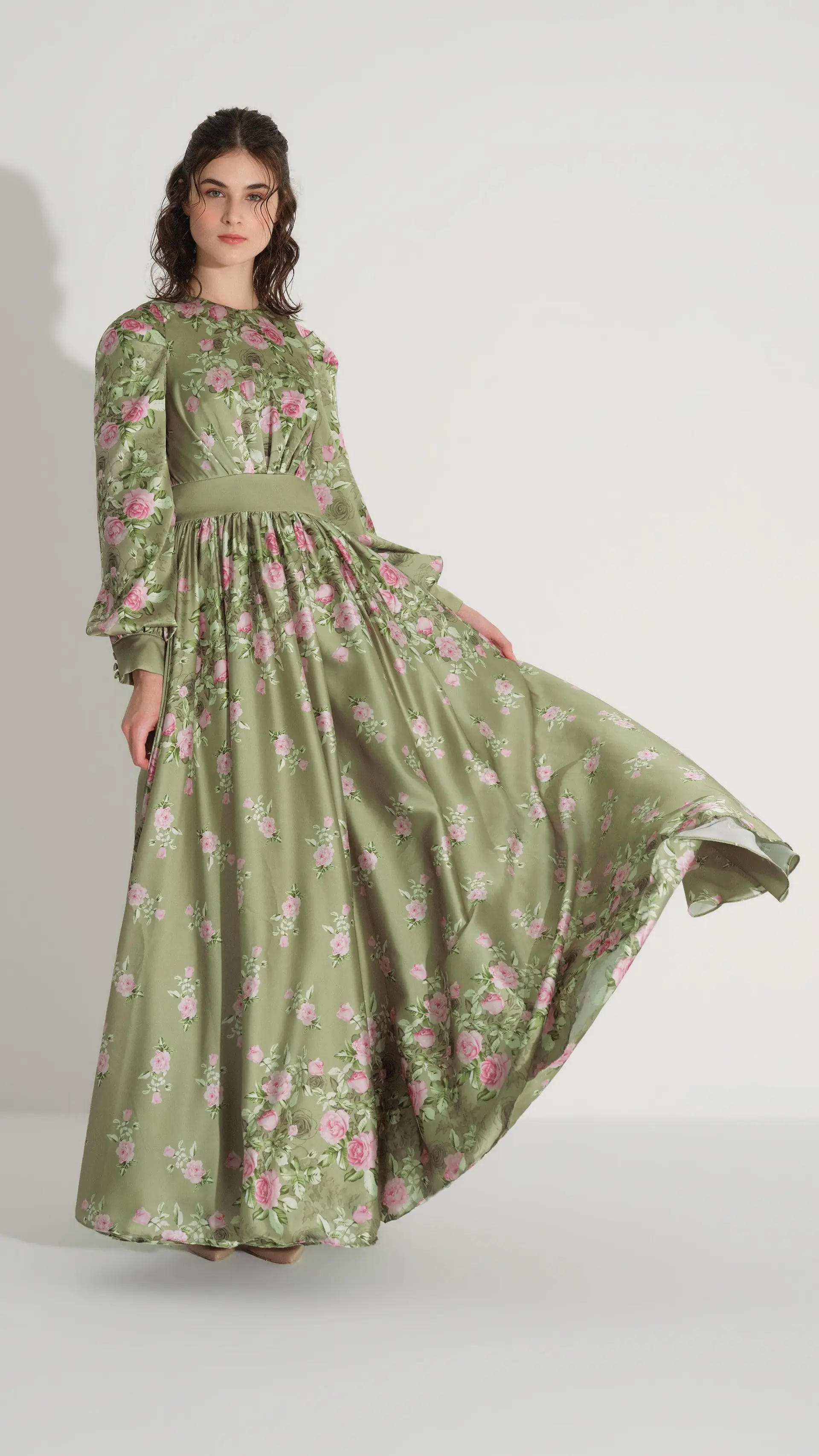 Floral Satin A-Line Dress – Green, photo 2