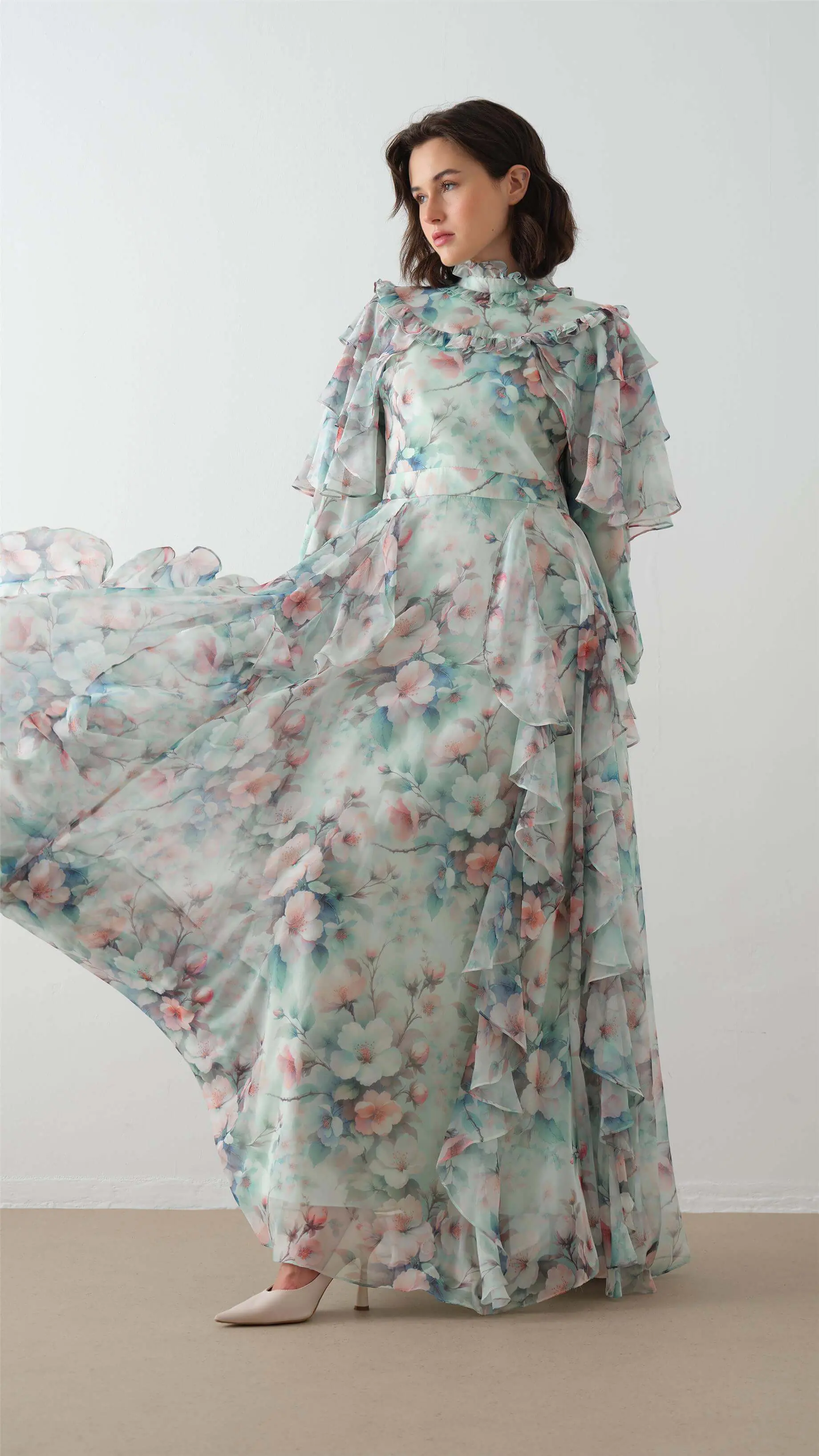 Gathered Shoulder & Side-Ruffle Dress - Mint, photo 3