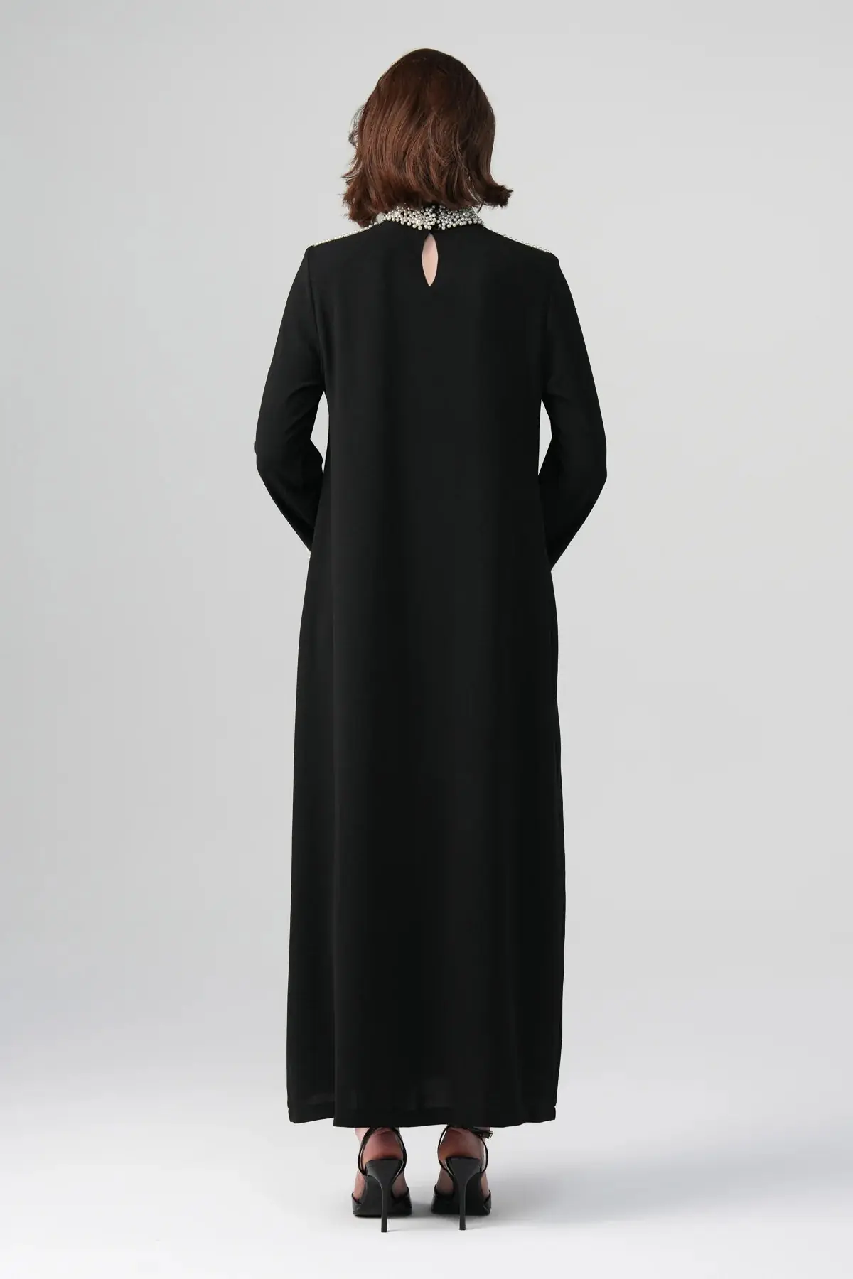 Celina Pearl-Embellished Satin Dress – Black, photo 5